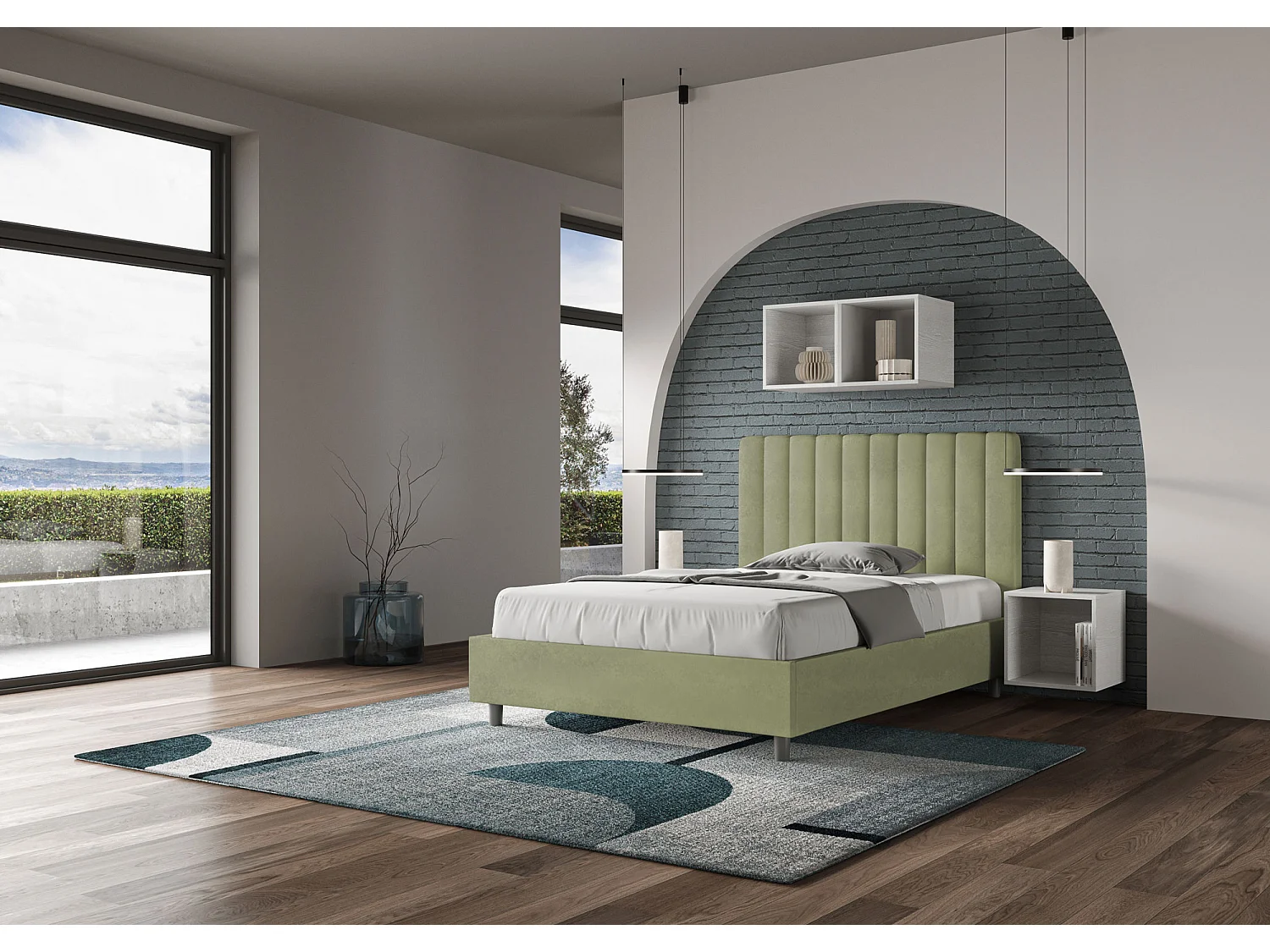 Lit 1 place et demi sans sommier rembourré 120x210 microfibre vert Agueda