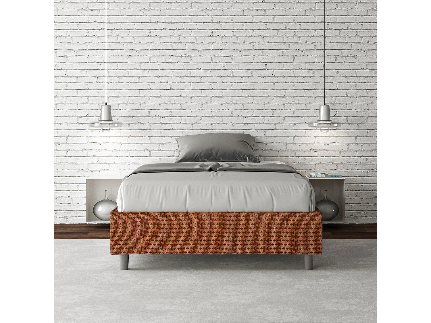 Cadre de lit 1 place et demi avec sommier rembourré 120x190 tissu Labirinto 4 orange Azelia