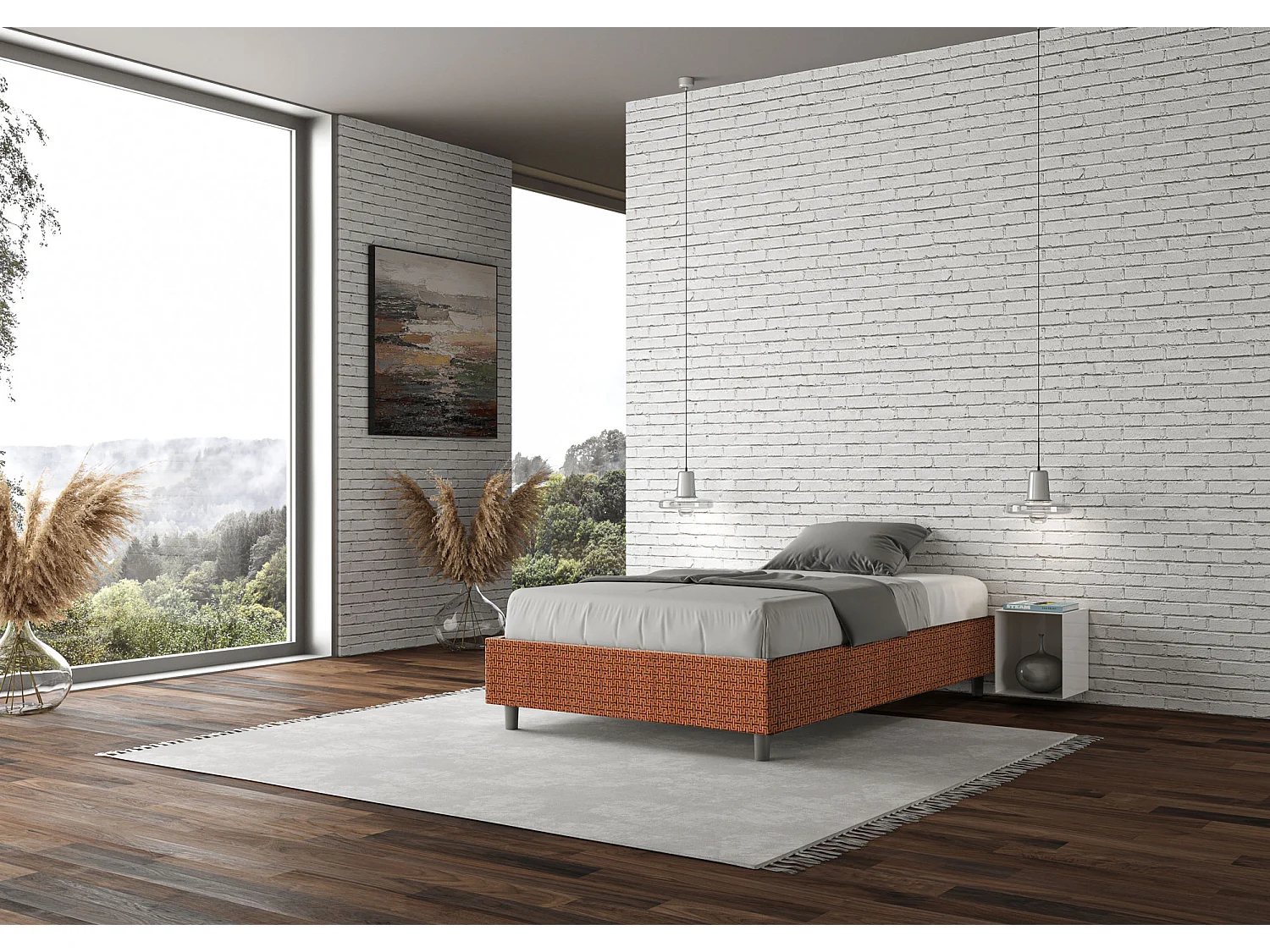 Cadre de lit 1 place et demi avec sommier rembourré 120x190 tissu Labirinto 4 orange Azelia
