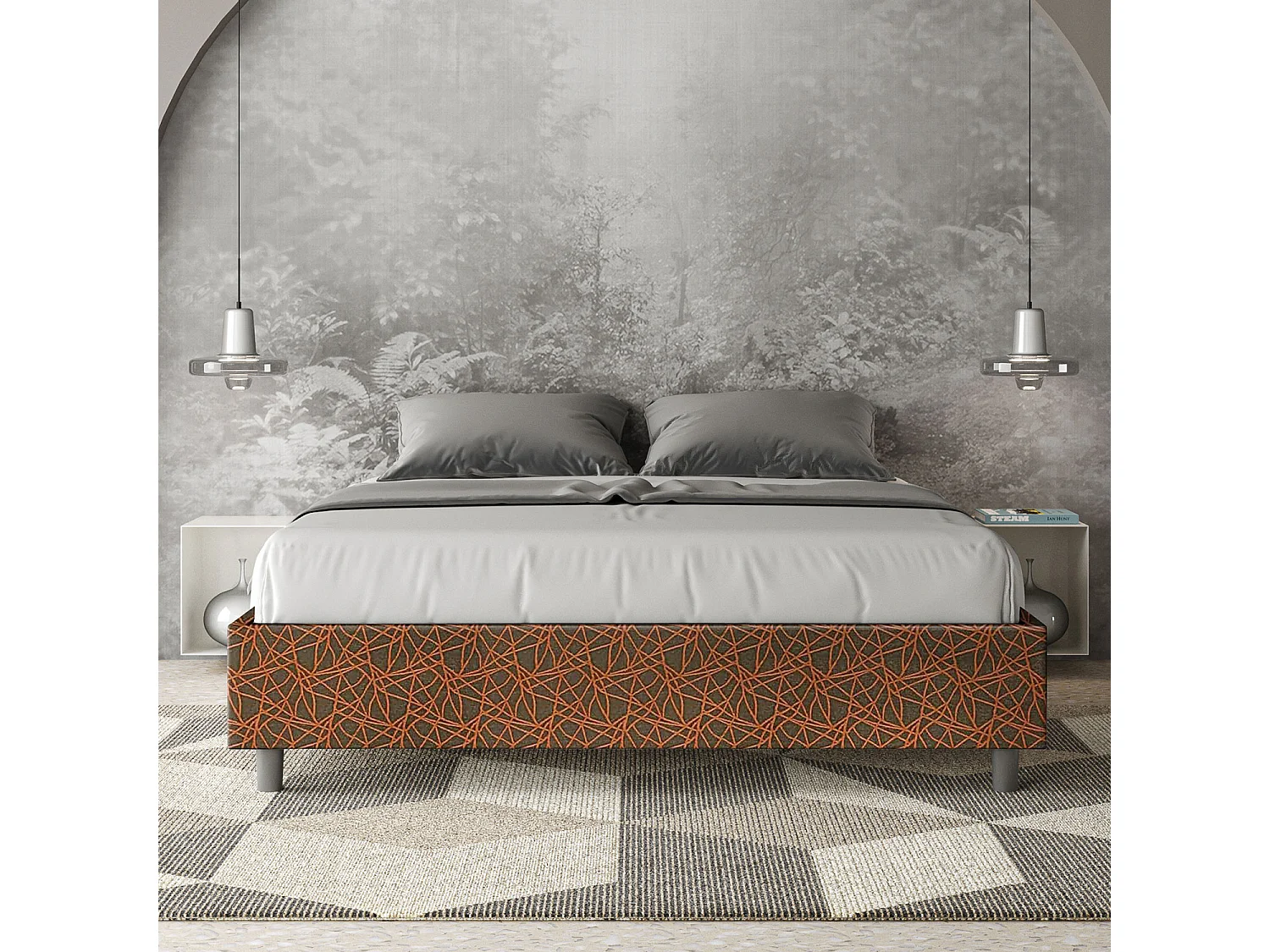 Cama de casal queen size sem estrado estofada sem cabeceira 160x200 tecido Era 04 laranja Azelia