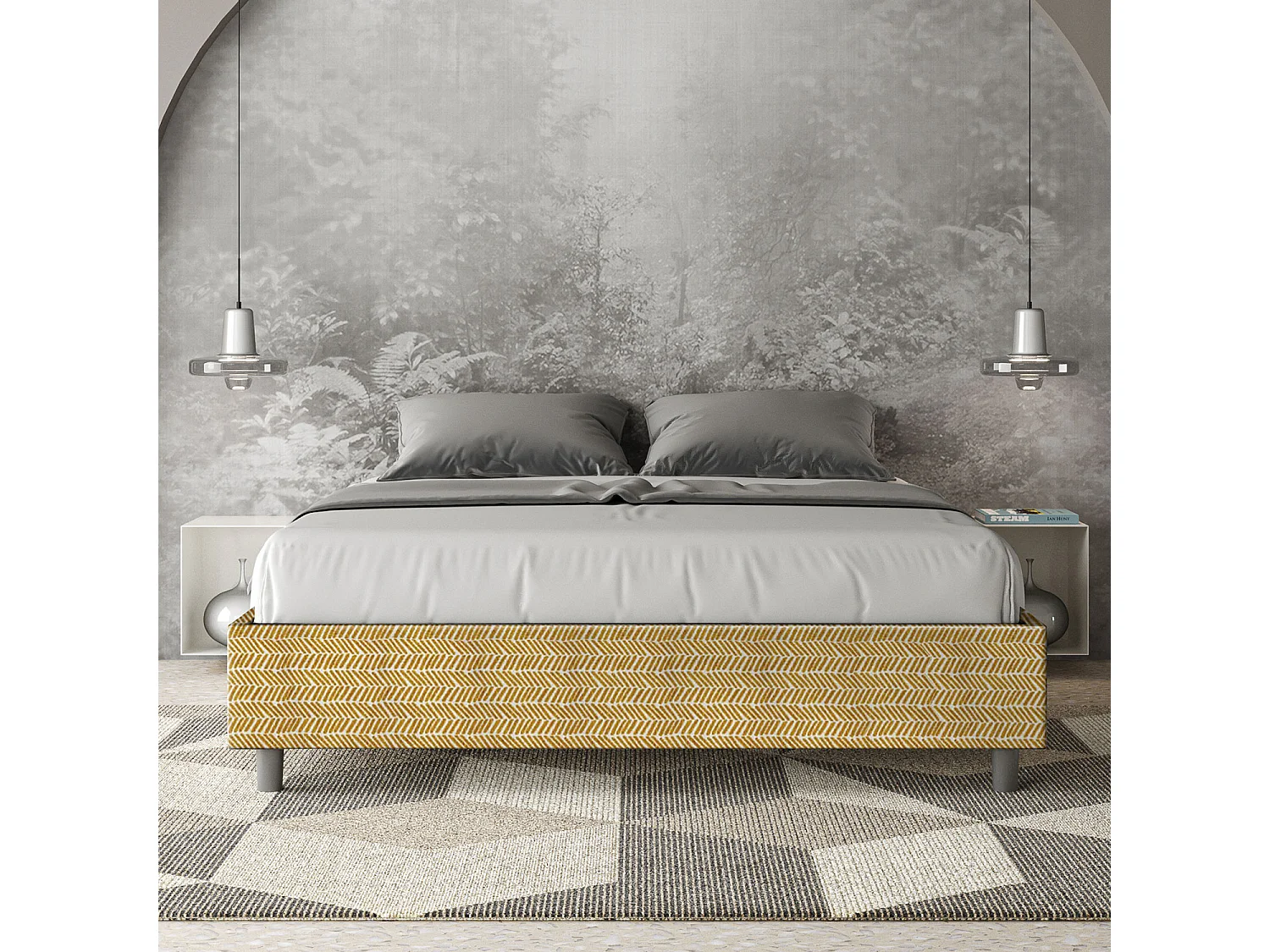 Lit sans sommier rembourré 160x190 tissu Aragona 3 jaune Azelia