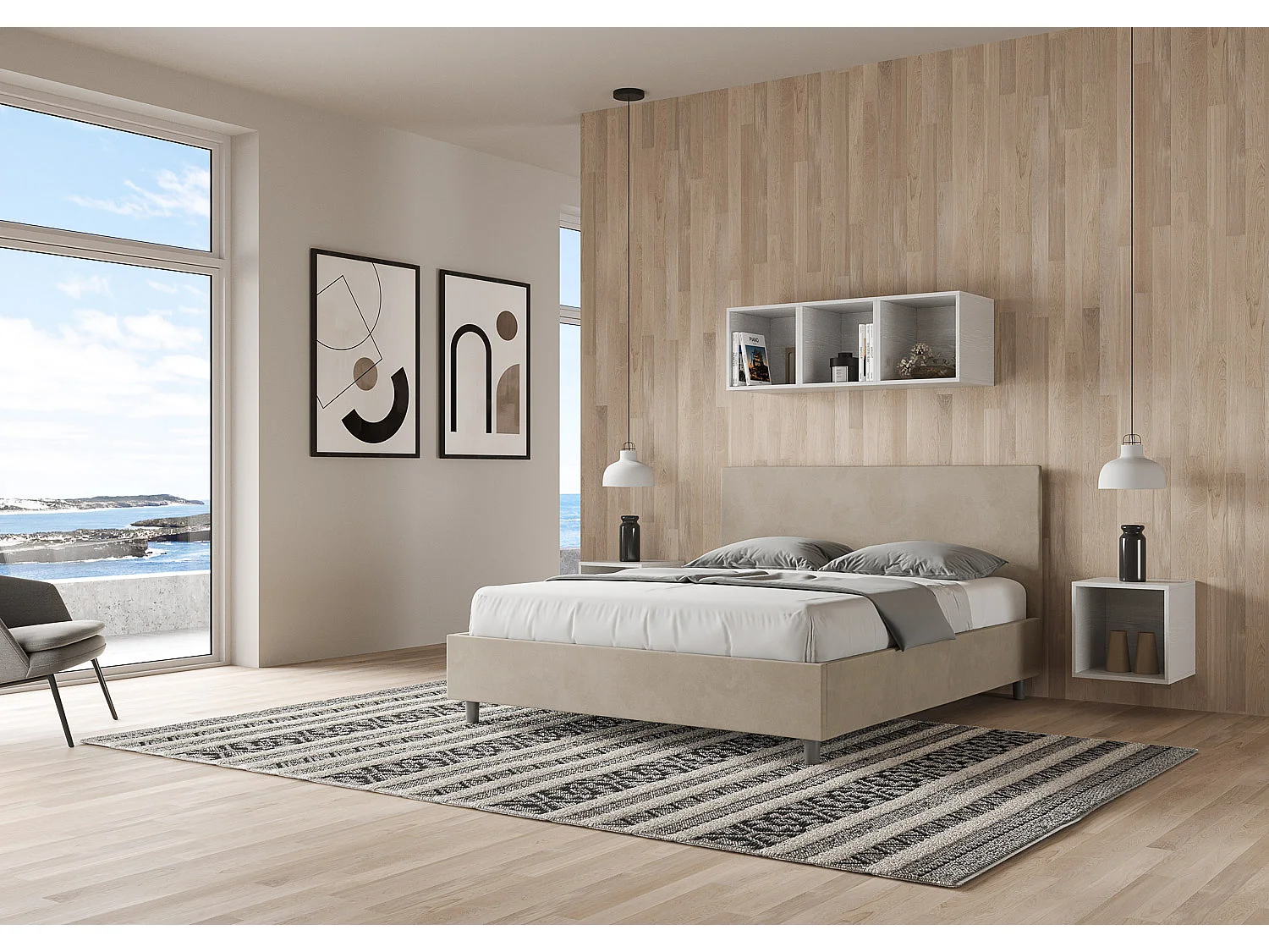 Cama Adele con somier acolchado 160x210 en microfibra arena