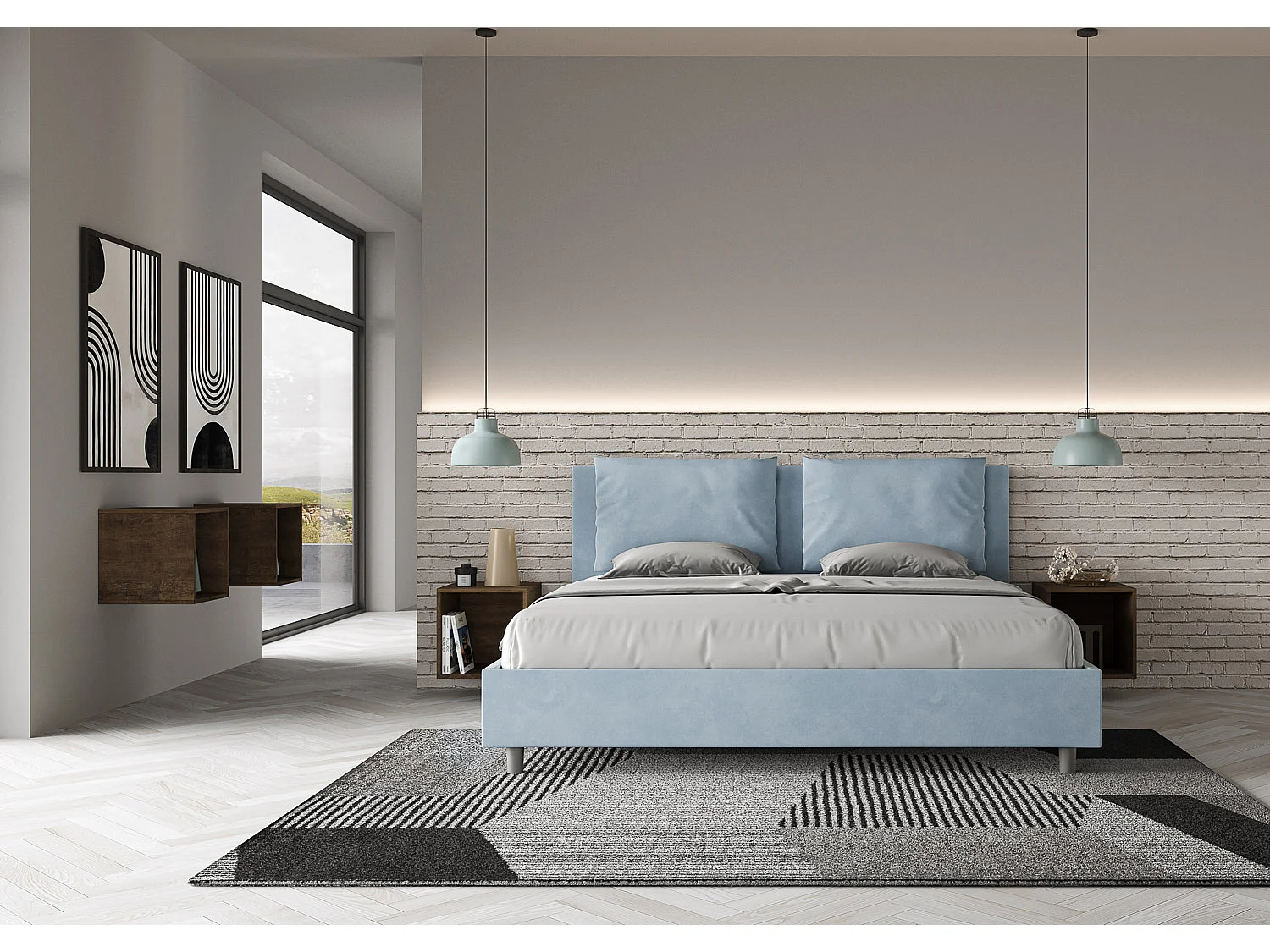 Lit avec sommier rembourré 180x210 microfibre bleu clair Antea