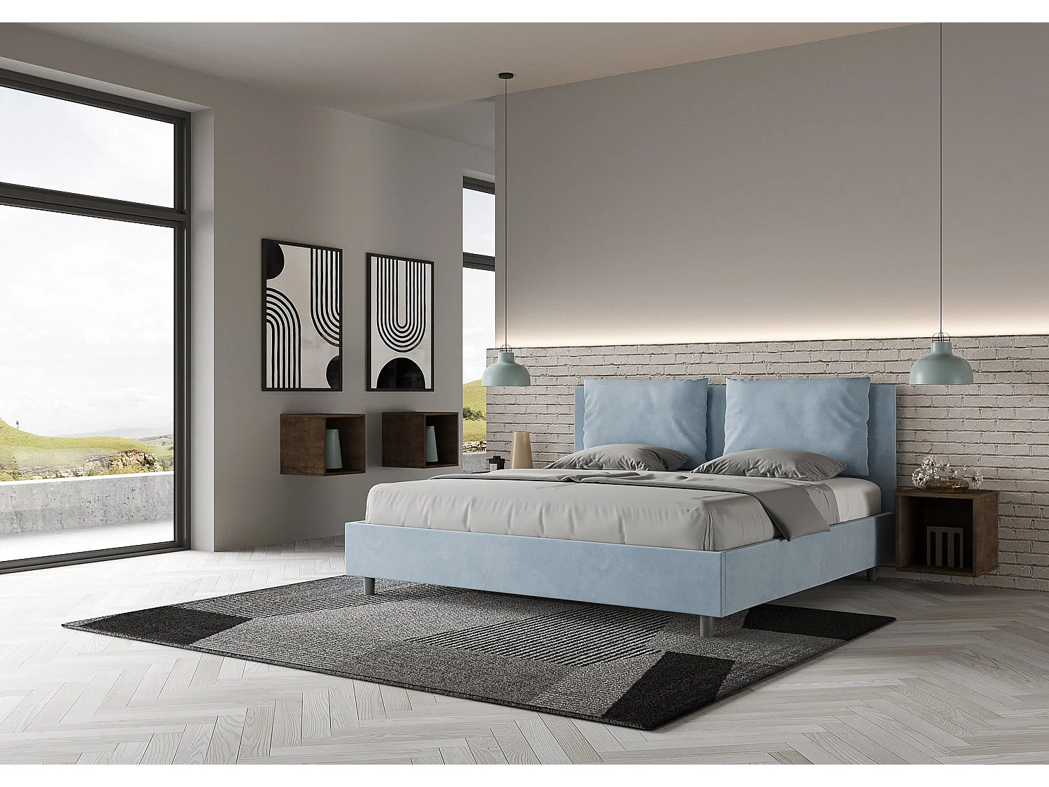 Lit avec sommier rembourré 180x210 microfibre bleu clair Antea