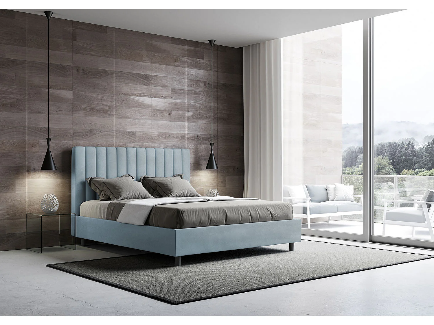 Lit double avec sommier rembourré 140x200 microfibre bleu clair Agueda