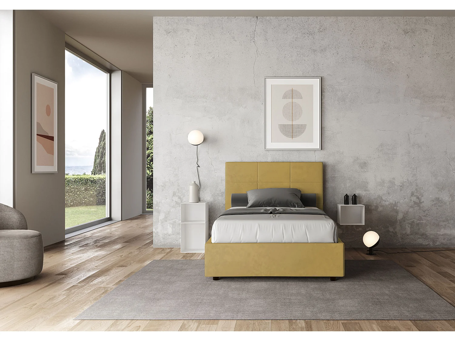 Lit 1 place et demi sans sommier rembourré 120x210 microfibre ocre Mika