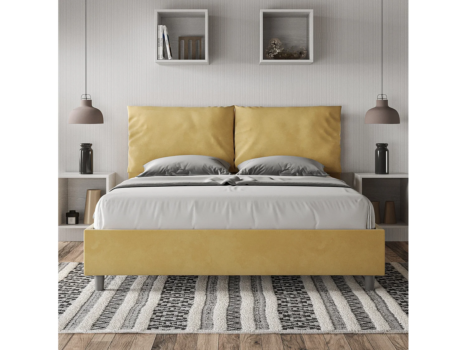 Letto senza rete imbottito 160x190 microfibra ocra Antea