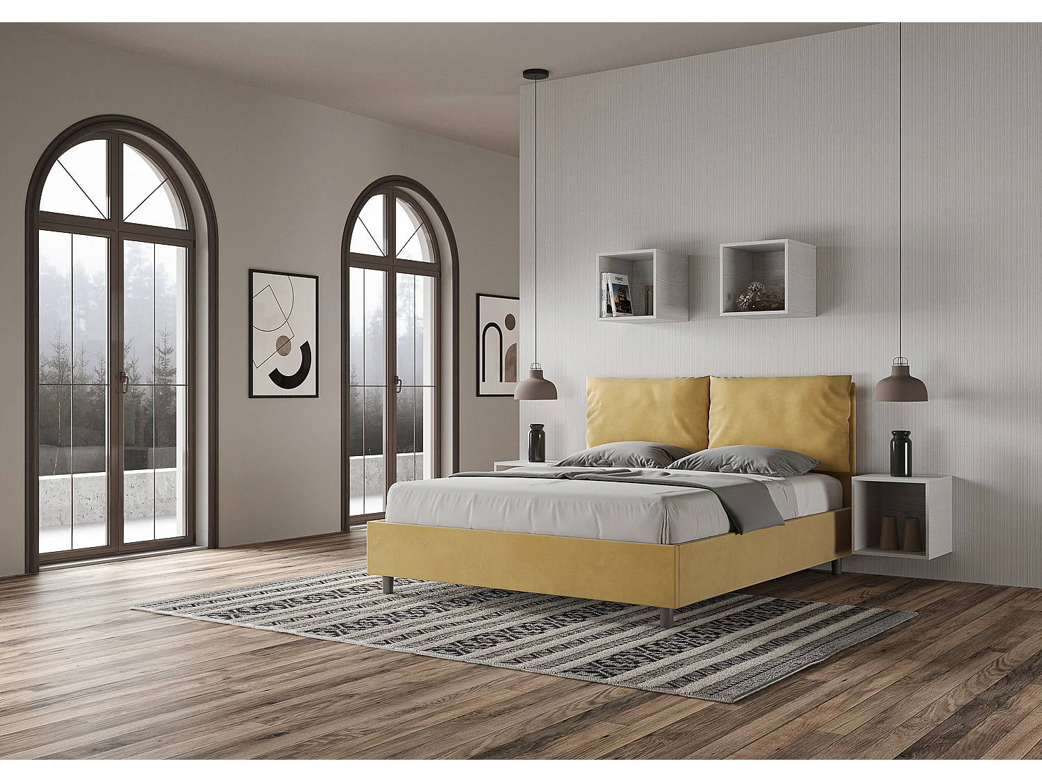 Letto senza rete imbottito 160x190 microfibra ocra Antea