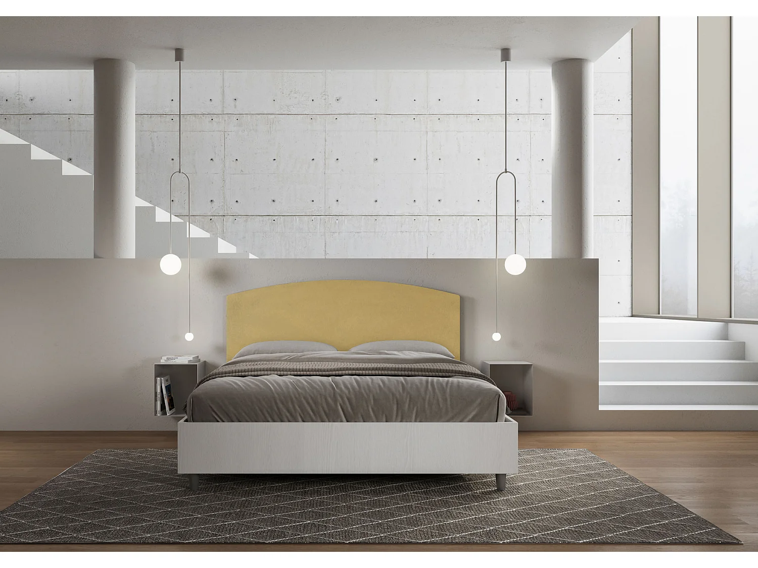 Lit sans sommier 160x190 structure frêne blanc tête de lit microfibre ocre Antilia