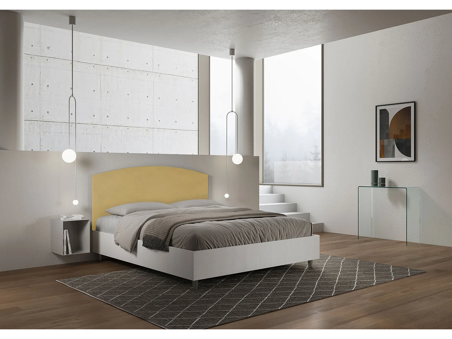 Lit sans sommier 160x190 structure frêne blanc tête de lit microfibre ocre Antilia