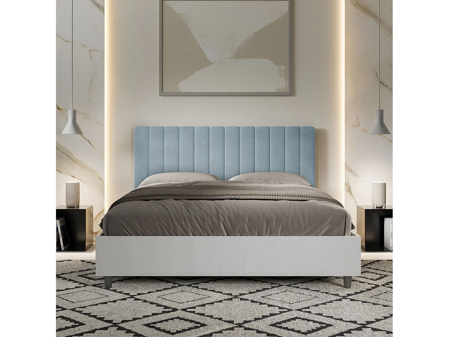 Lit avec sommier 160x190 structure frêne blanc tête de lit microfibre bleu clair Kaia