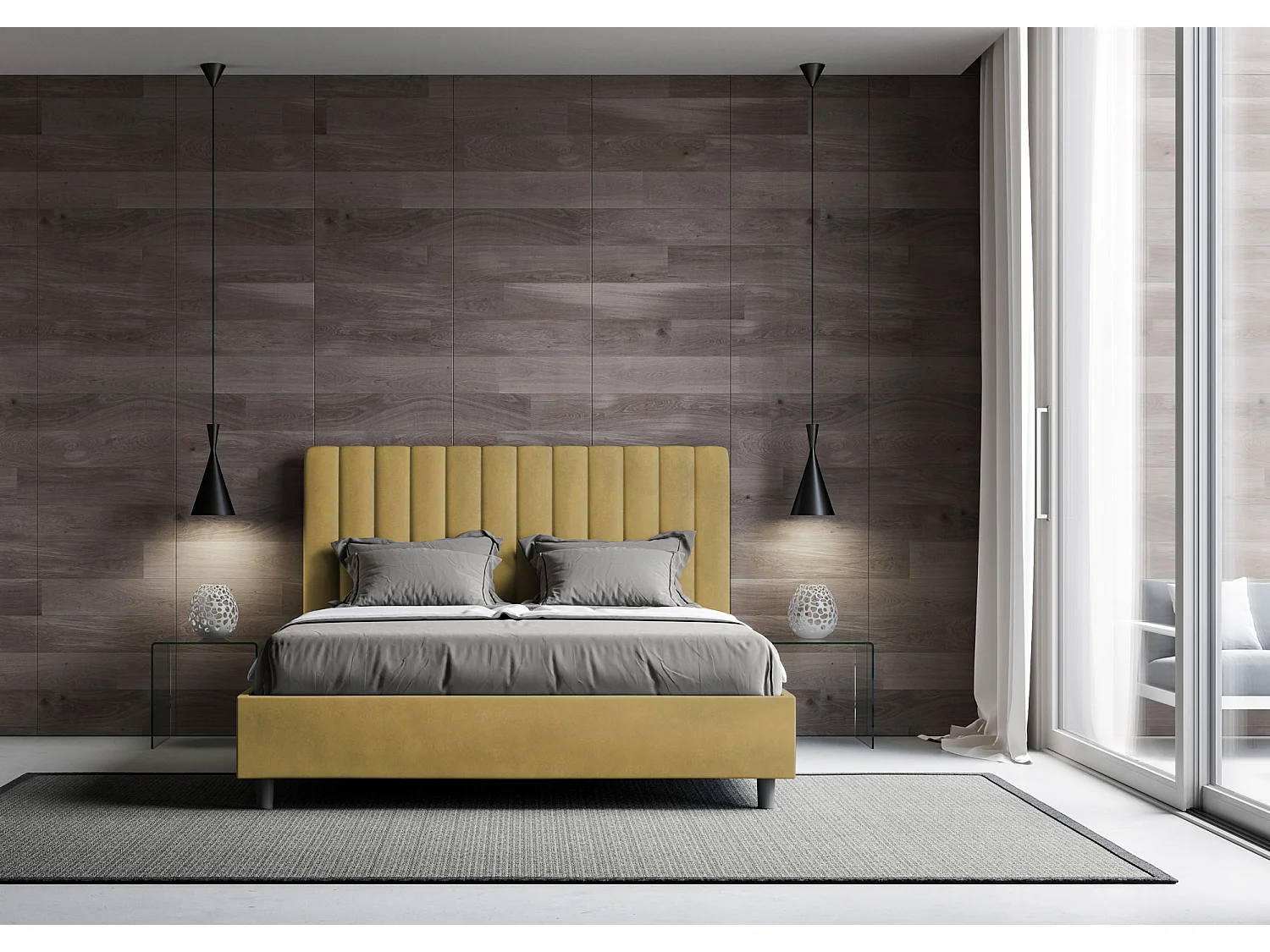 Letto senza rete imbottito 160x190 microfibra ocra Agueda