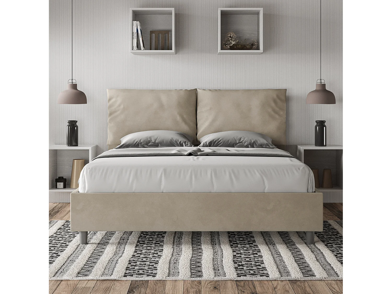 Lit avec sommier rembourré 160x200 microfibre sable Antea