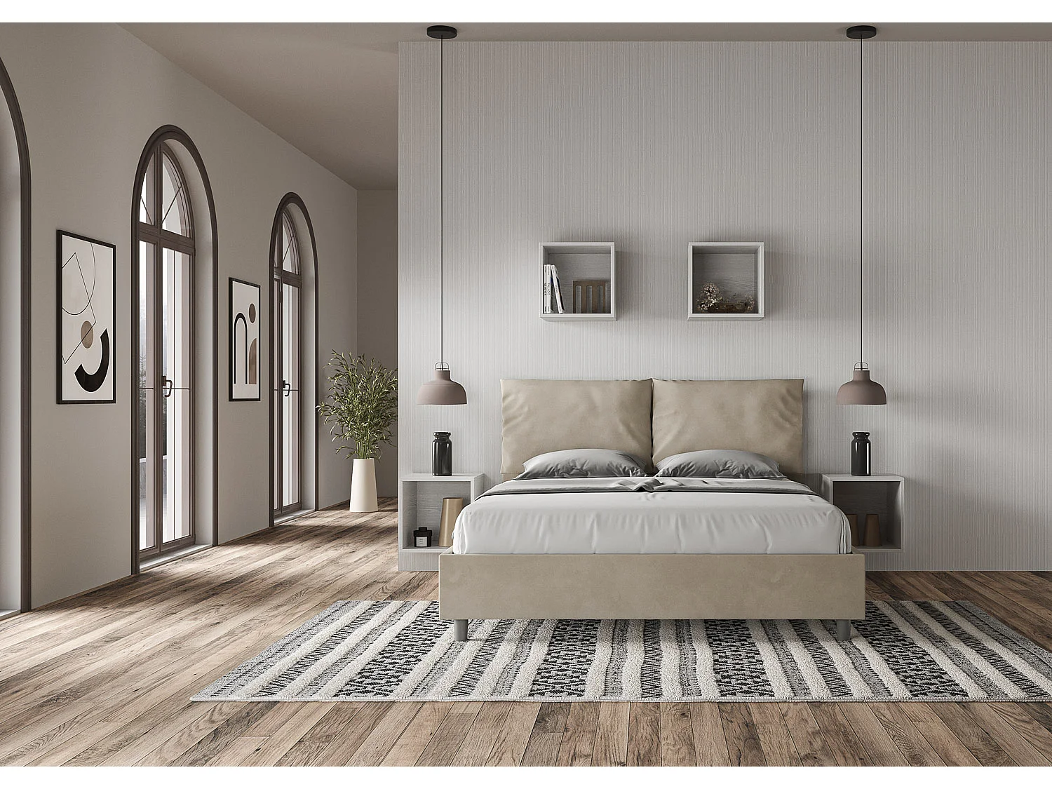 Lit avec sommier rembourré 160x200 microfibre sable Antea