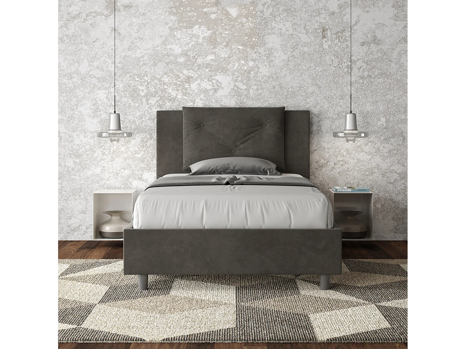 Lit 1 place et demi sans sommier rembourré 120x210 microfibre gris Appia