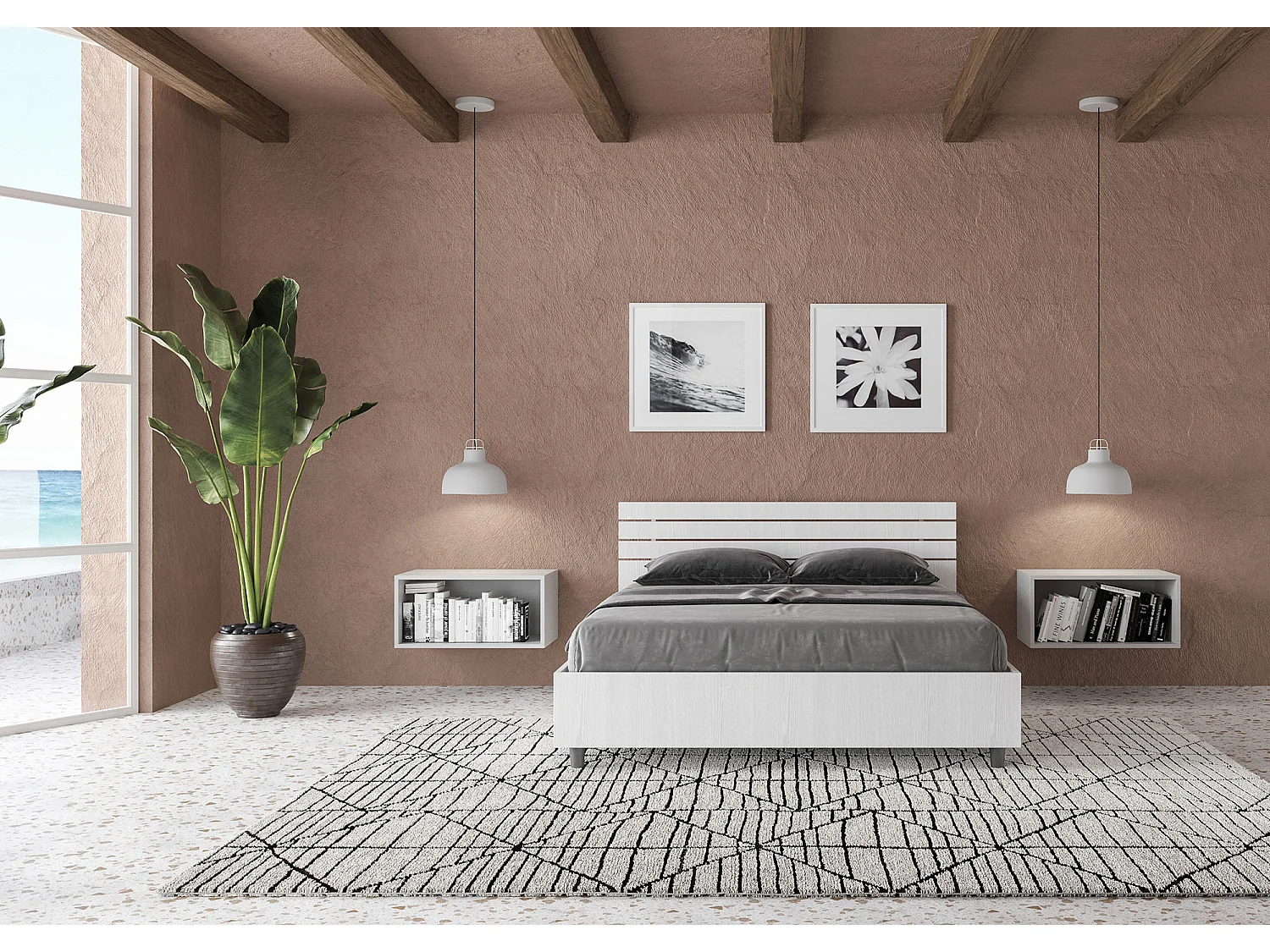 Lit double sans sommier 140x200 tête de lit inclinée avec des lames frêne blanc Ankel