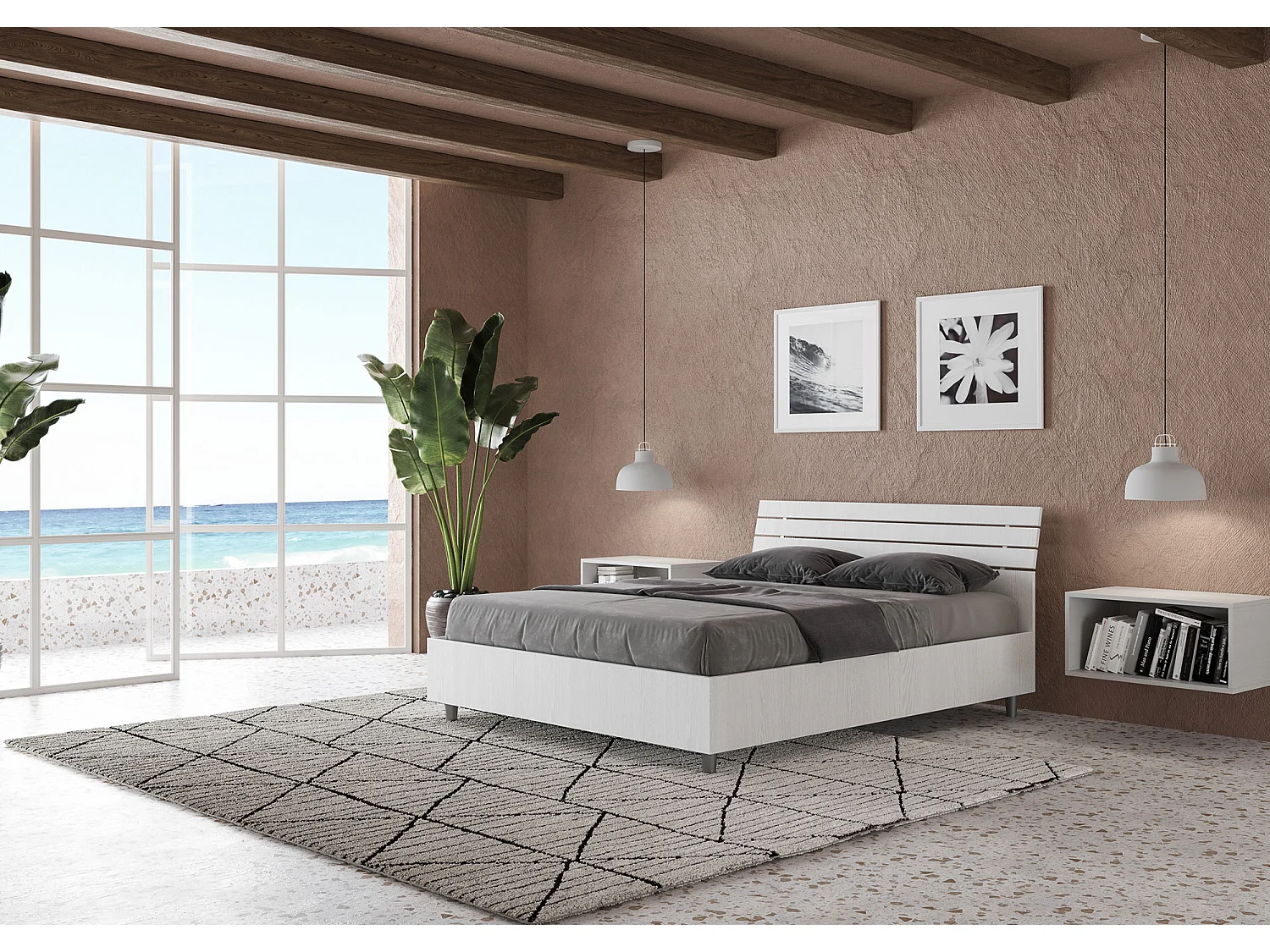 Lit double sans sommier 140x200 tête de lit inclinée avec des lames frêne blanc Ankel