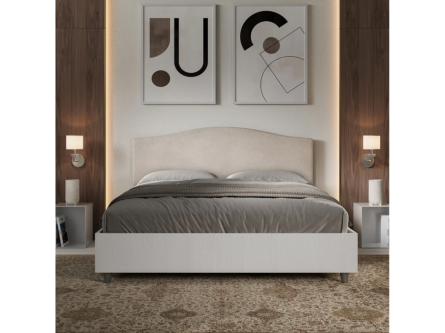 Lit sans sommier 160x190 structure frêne blanc tête de lit microfibre sable Grace