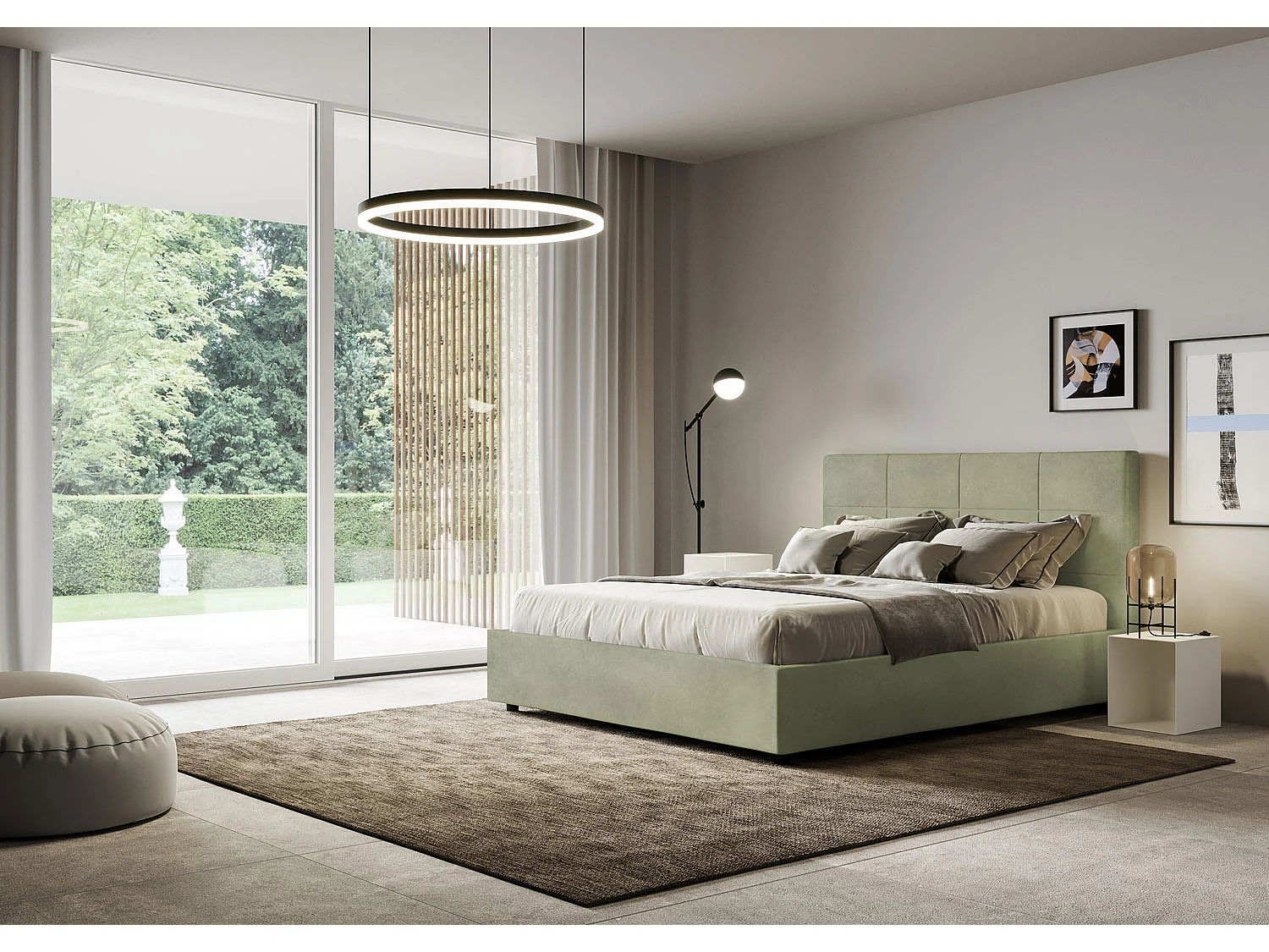 Cama doble con somier acolchada 140x210 microfibra verde Mika