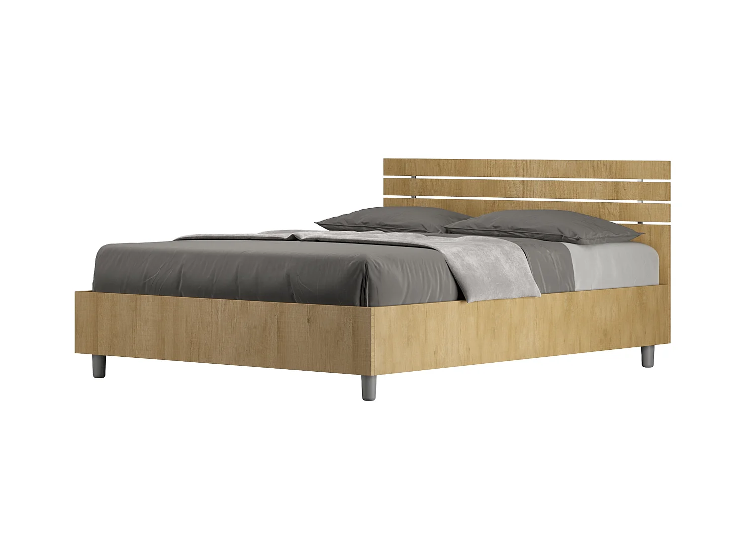 Lit double sans sommier 140x200 tête de lit droite avec des lames chêne nature Ankel