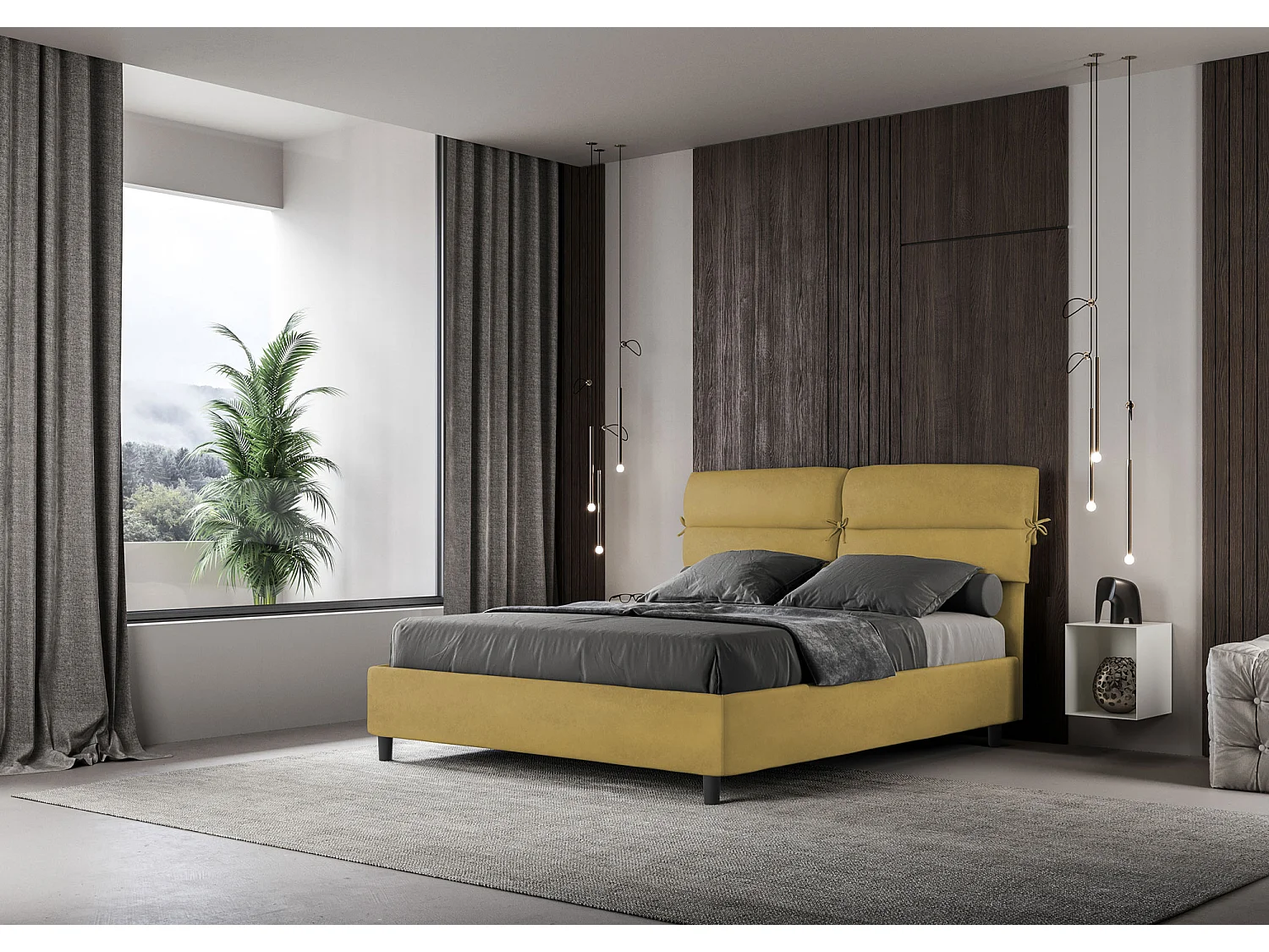 Lit avec sommier rembourré 160x200 microfibre ocre Nandy