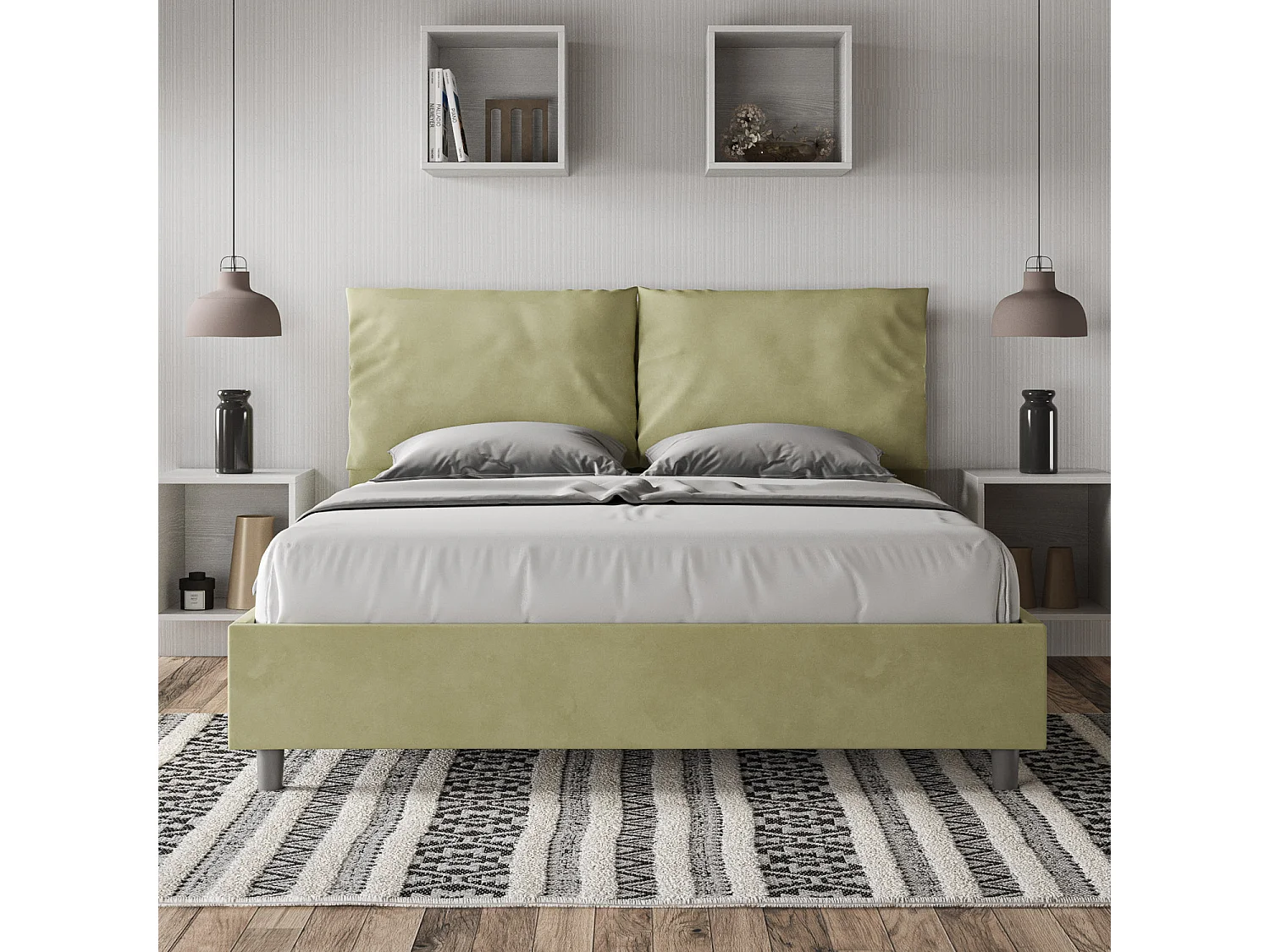 Letto senza rete imbottito 160x190 microfibra tè verde Antea