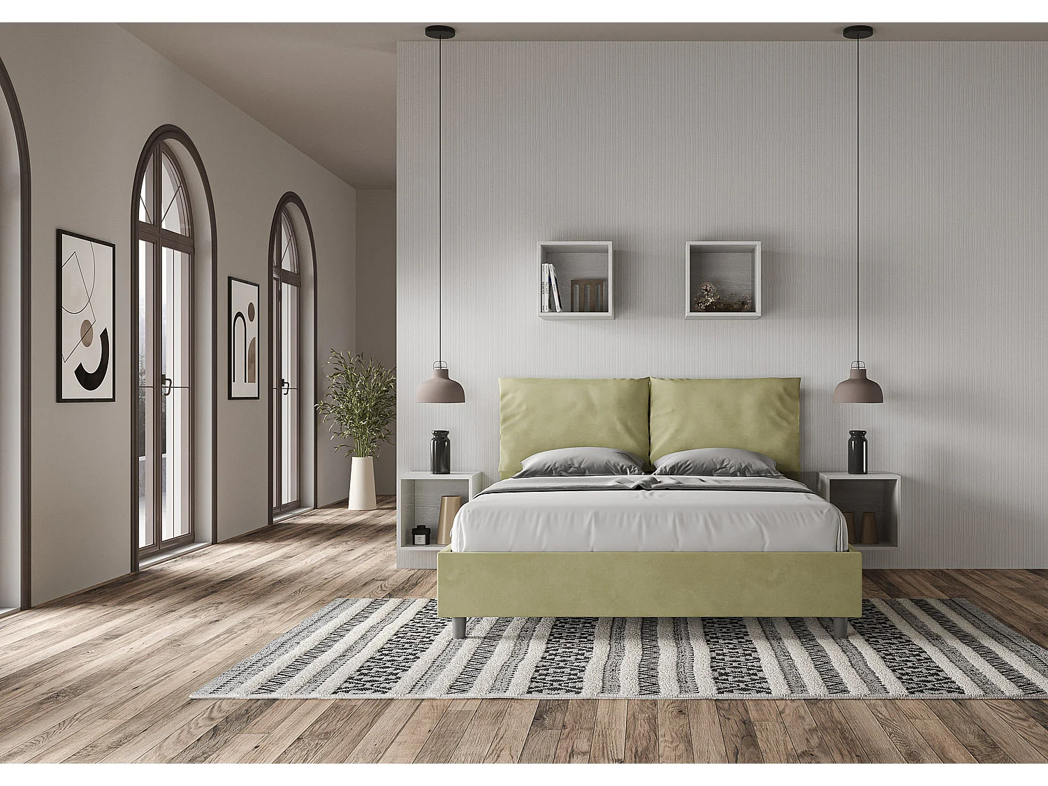 Letto senza rete imbottito 160x190 microfibra tè verde Antea