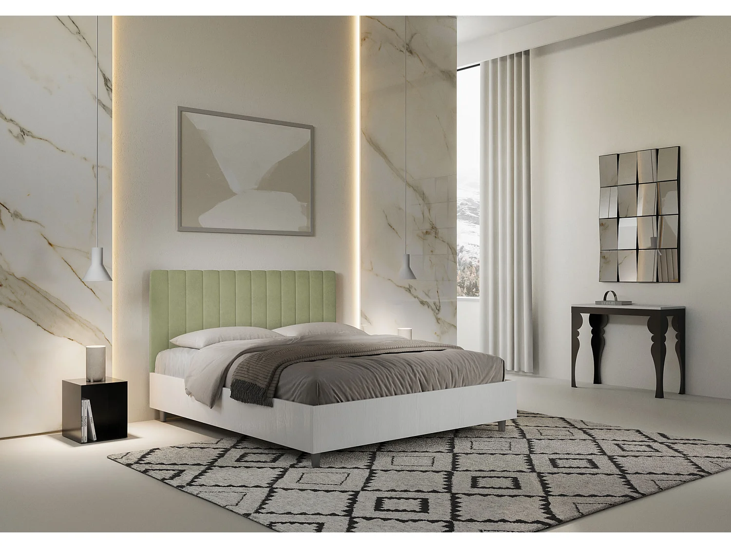 Letto con rete 160x200 struttura bianco frassino testata Nobilitato/Microfibra tè verde Kaia
