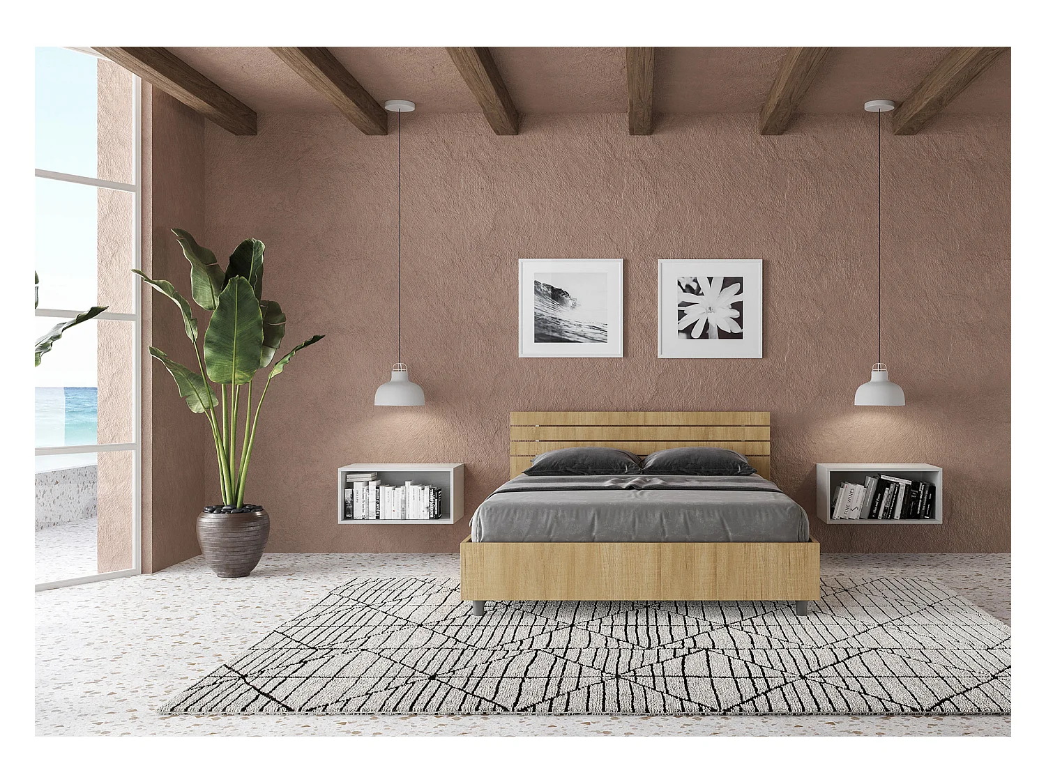 Bed met lattenbodem 140x200, schuin hoofdeinde met Ankel eiken latten
