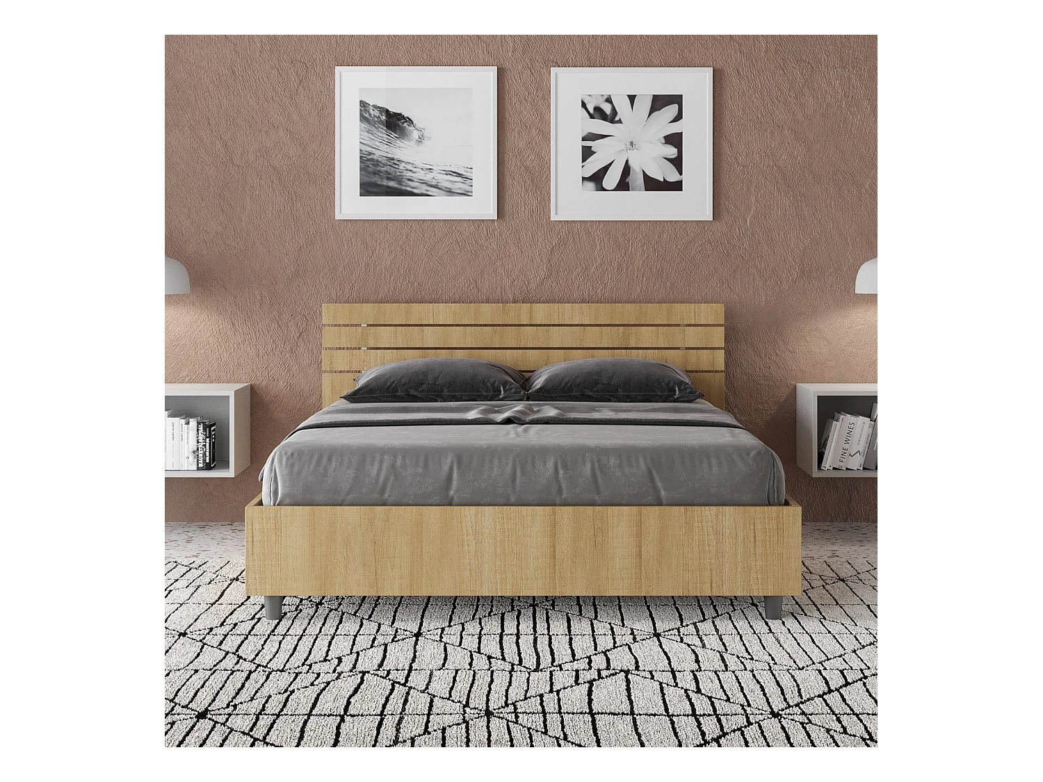 Bed met lattenbodem 140x200, schuin hoofdeinde met Ankel eiken latten