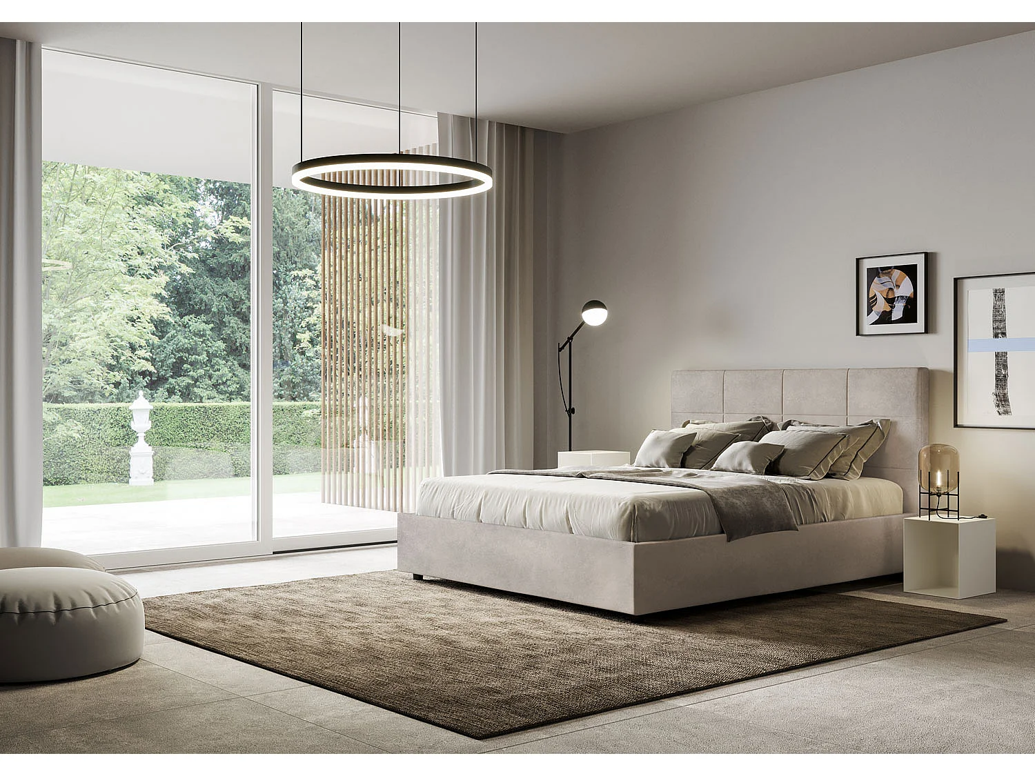 Lit double avec sommier rembourré 140x190 microfibre sable Mika