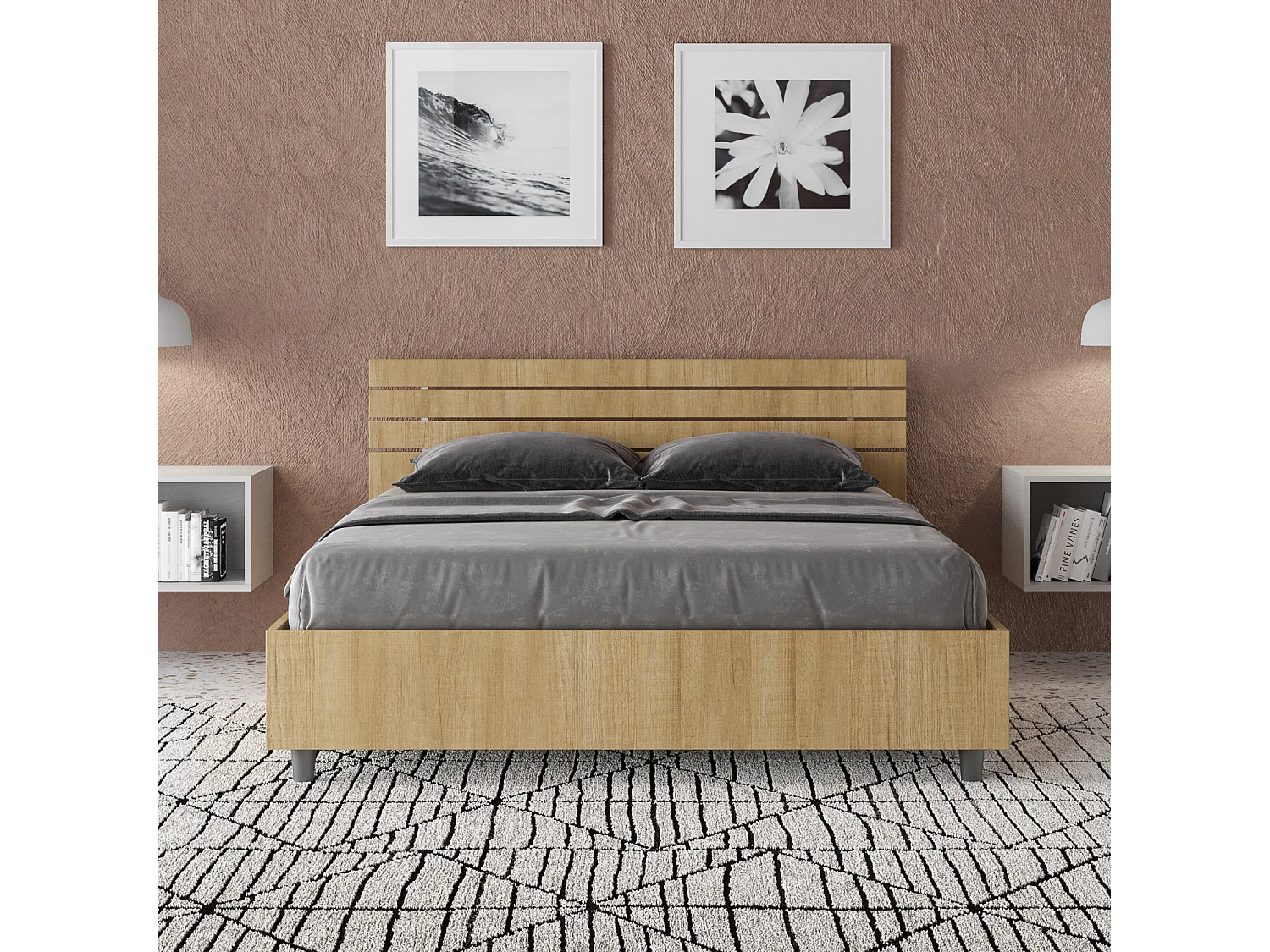 Bed 140x200 met lattenbodem schuin bedhoofd natuur eiken Ankel