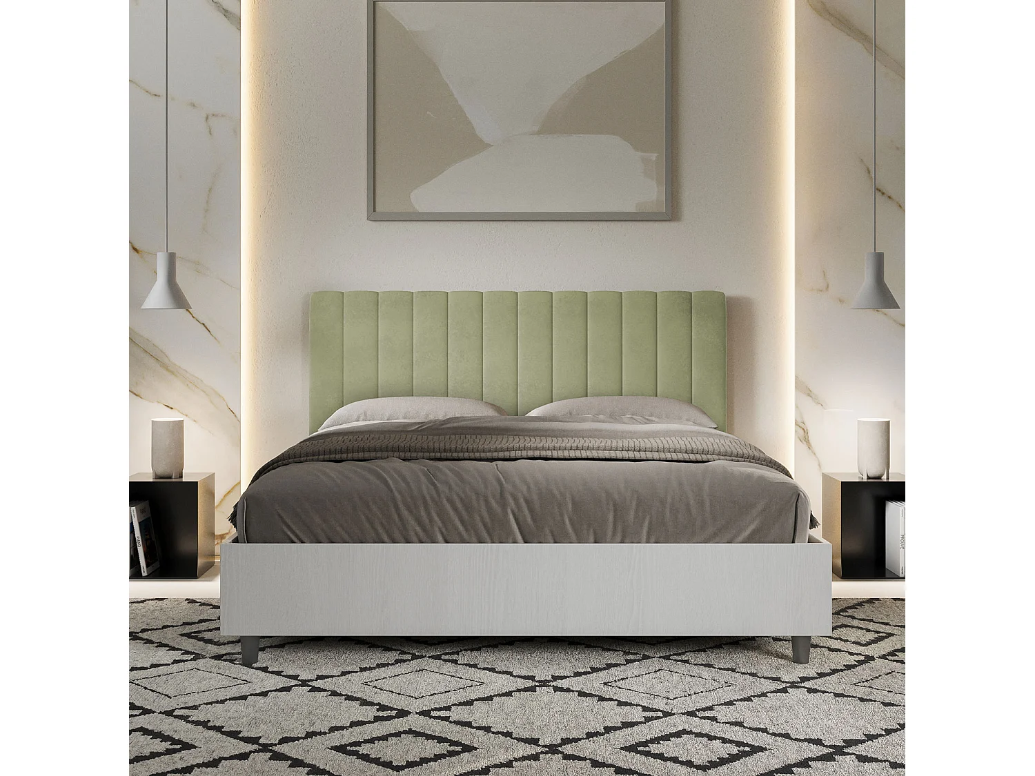 Lit sans sommier 160x190 structure frêne blanc tête de lit microfibre vert Kaia