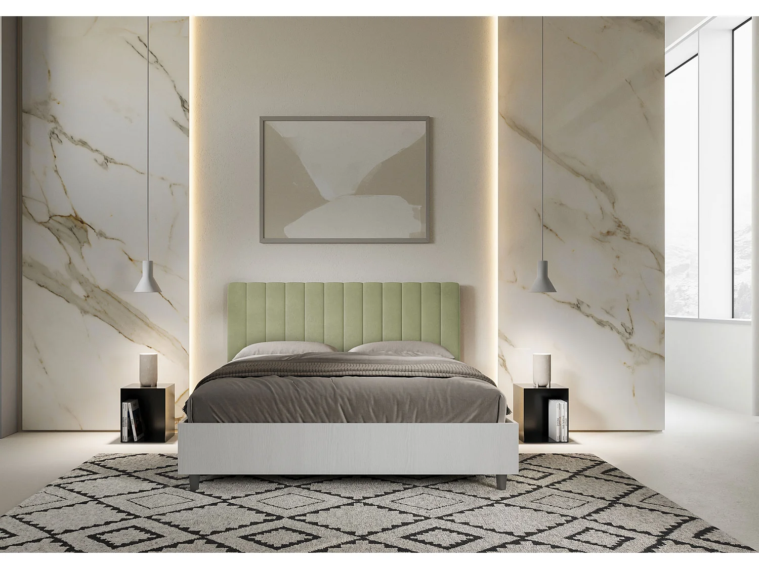 Lit sans sommier 160x190 structure frêne blanc tête de lit microfibre vert Kaia