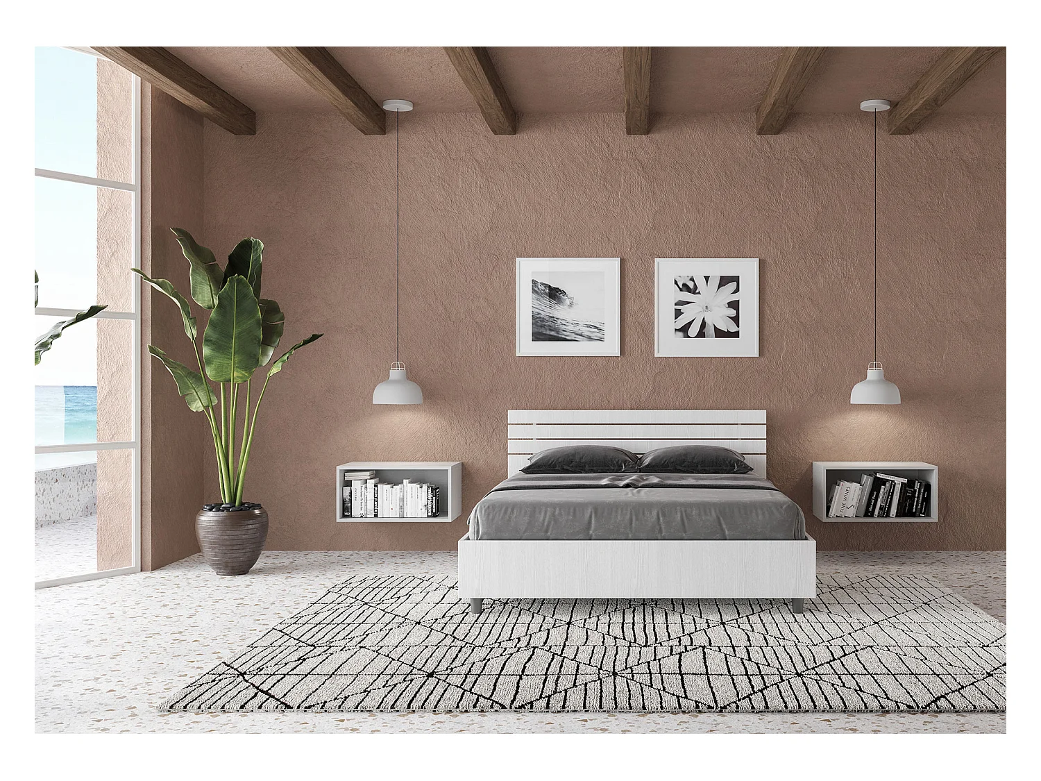 Letto senza rete 140x200 testata dritta con doghe bianco frassino Ankel