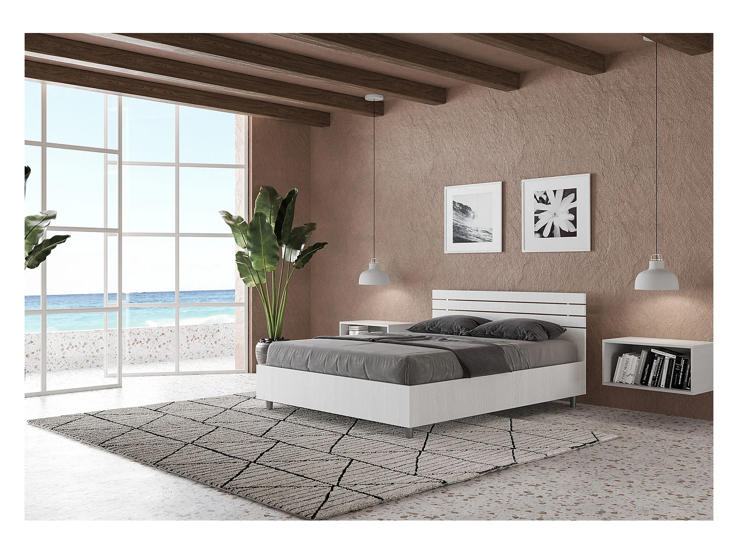 Letto senza rete 140x200 testata dritta con doghe bianco frassino Ankel
