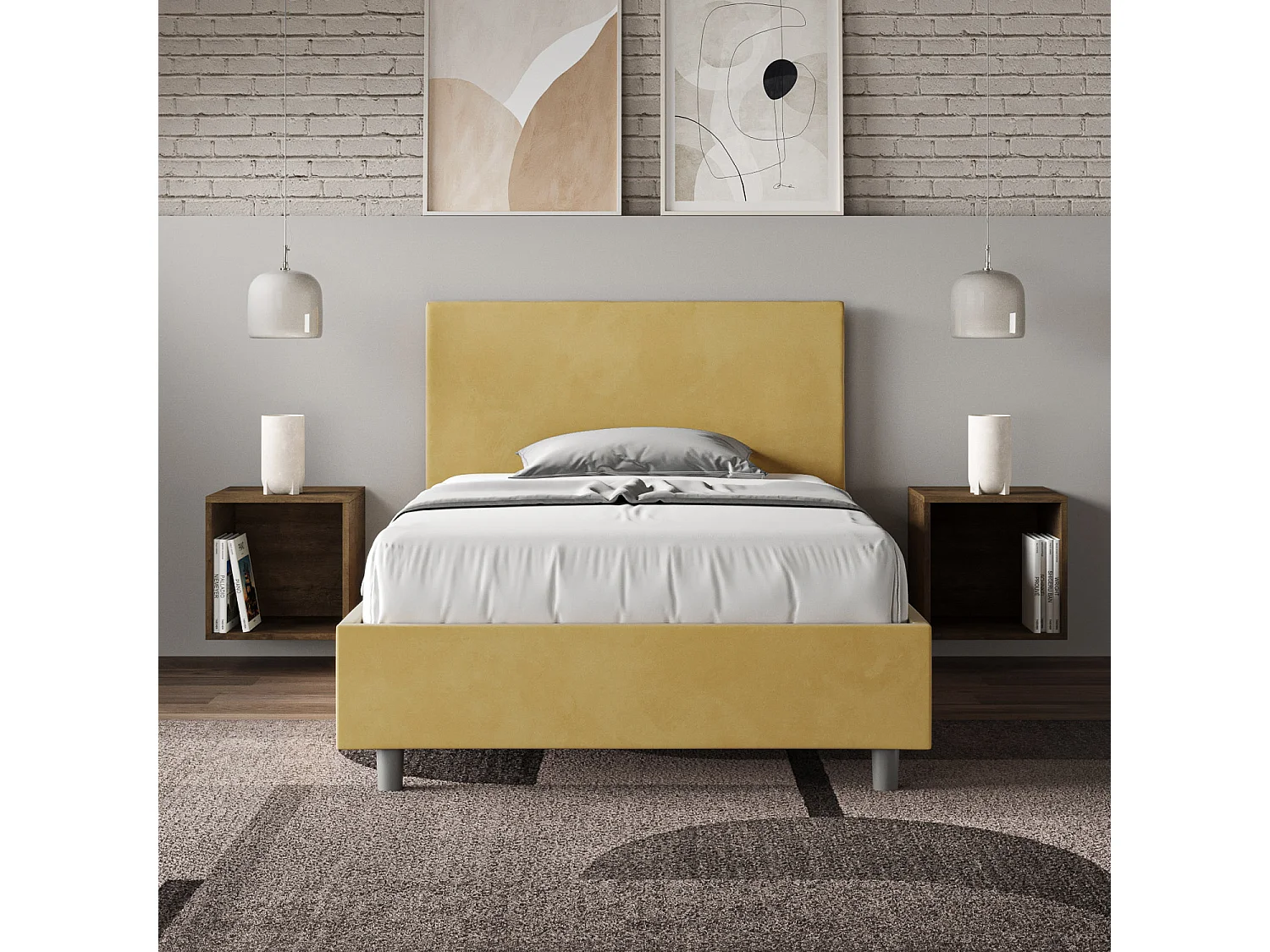 Lit 1 place et demi sans sommier rembourré 120x200 microfibre ocre Adele