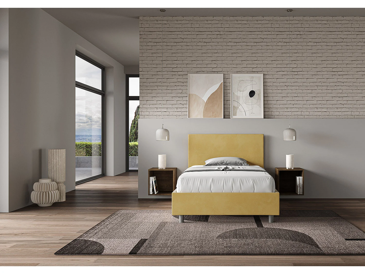 Lit 1 place et demi sans sommier rembourré 120x200 microfibre ocre Adele