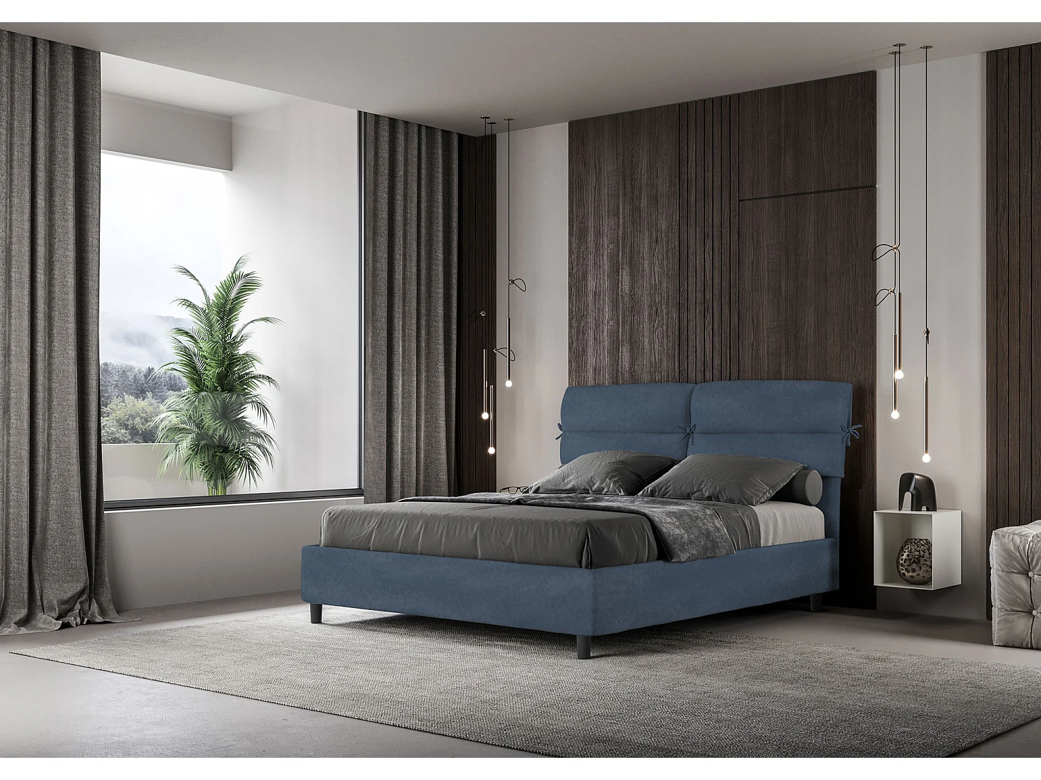 Lit avec sommier rembourré 160x200 microfibre bleu Nandy