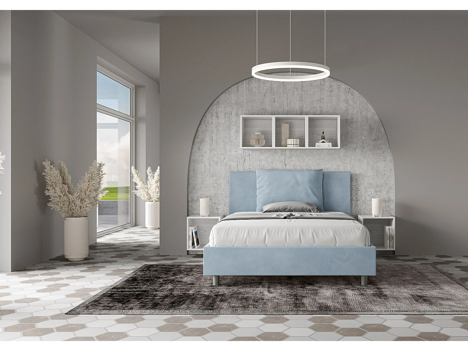 Lit double sans sommier rembourré 140x200 microfibre bleu clair Antea