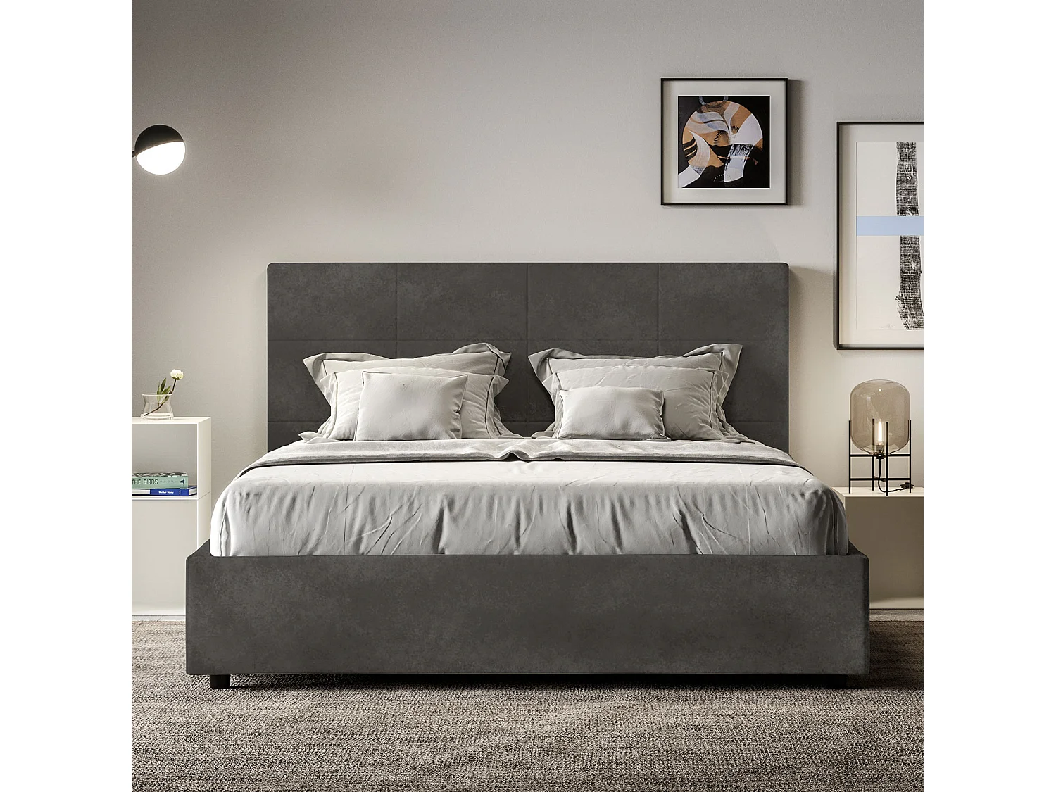Lit sans sommier rembourré 160x190 microfibre gris Mika