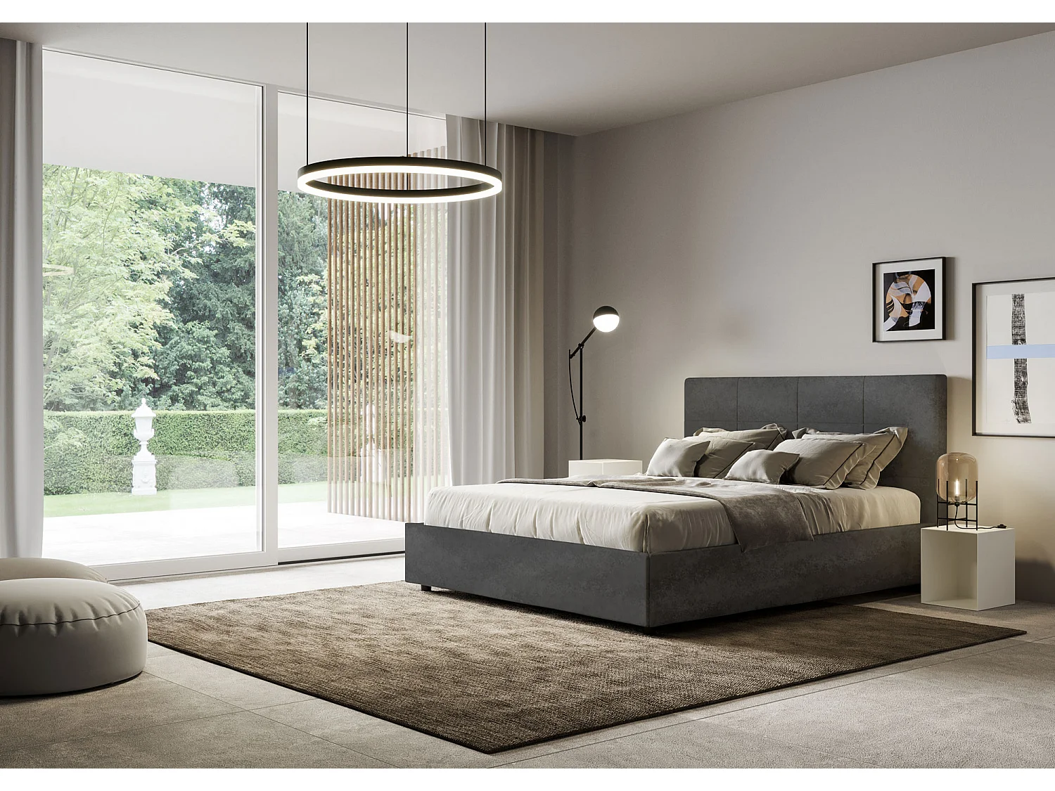 Lit sans sommier rembourré 160x190 microfibre gris Mika