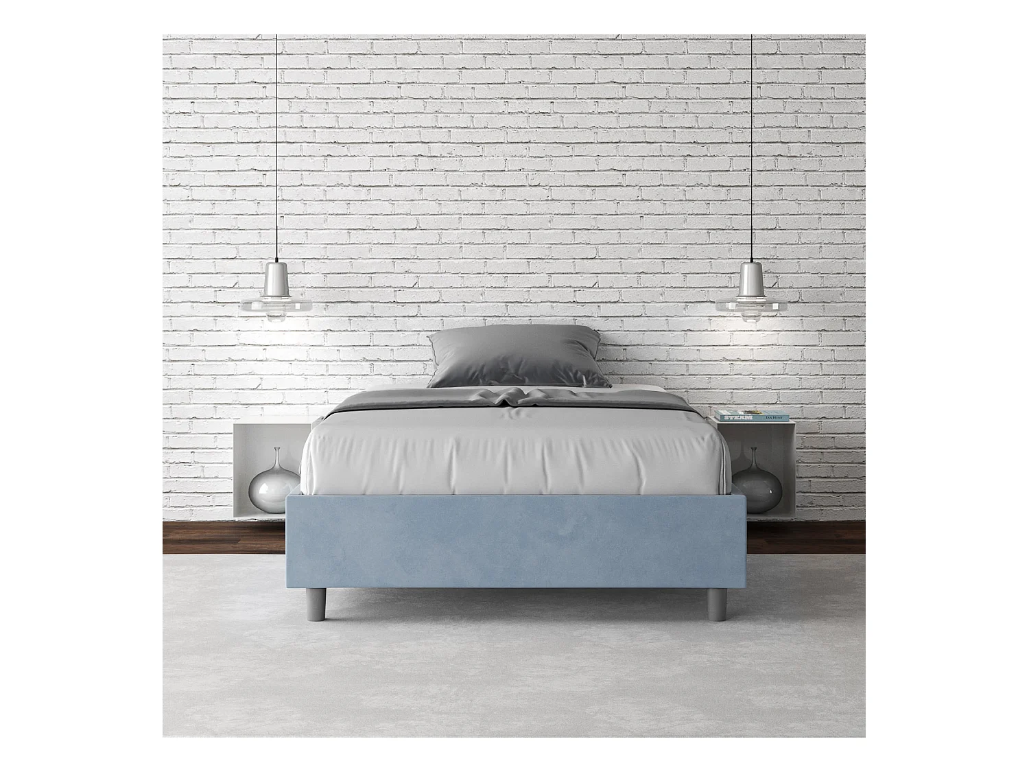 Cadre de lit 1 place et demi sans sommier rembourré 120x190 microfibre bleu clair Azelia