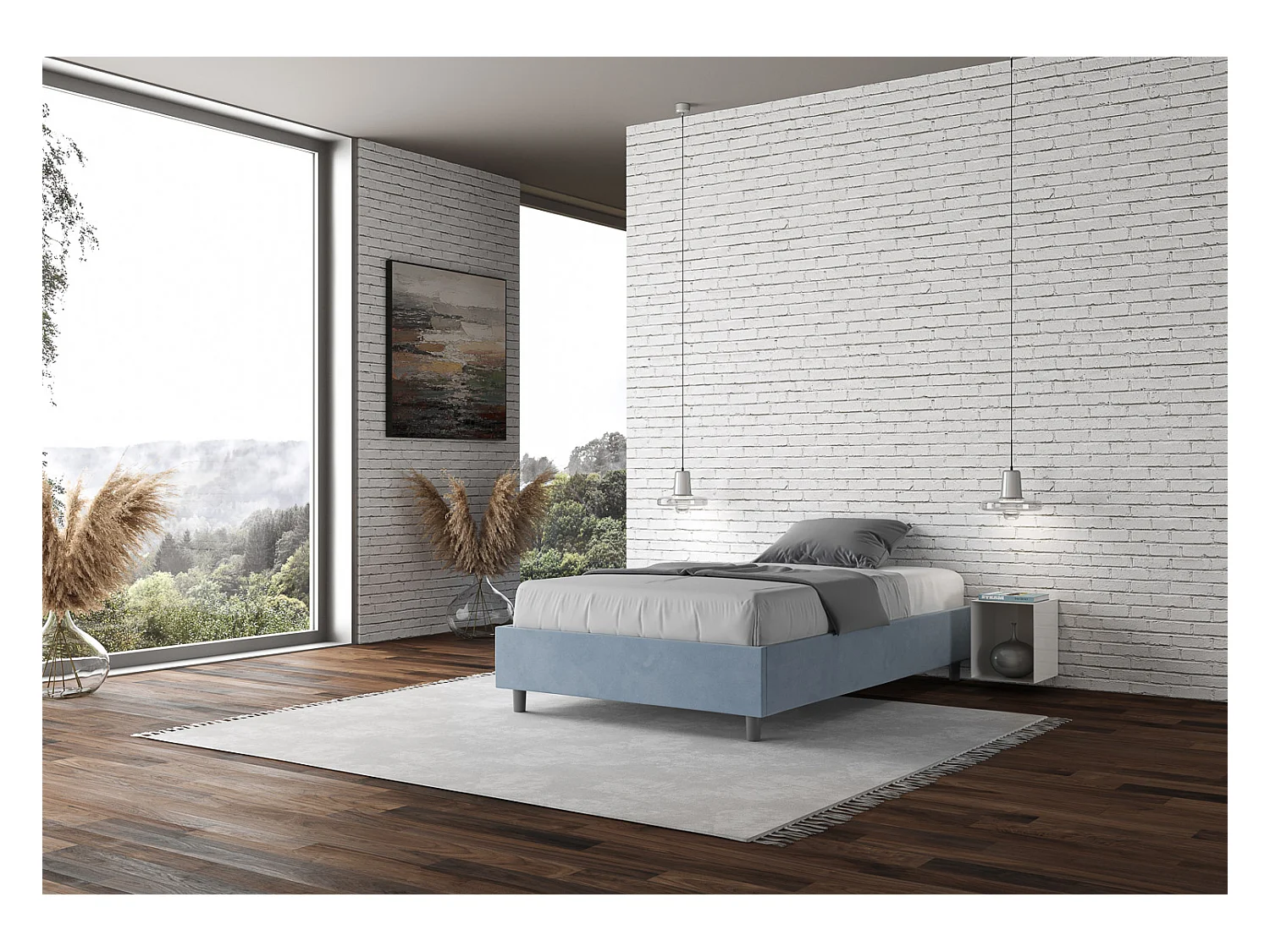 Cadre de lit 1 place et demi sans sommier rembourré 120x190 microfibre bleu clair Azelia