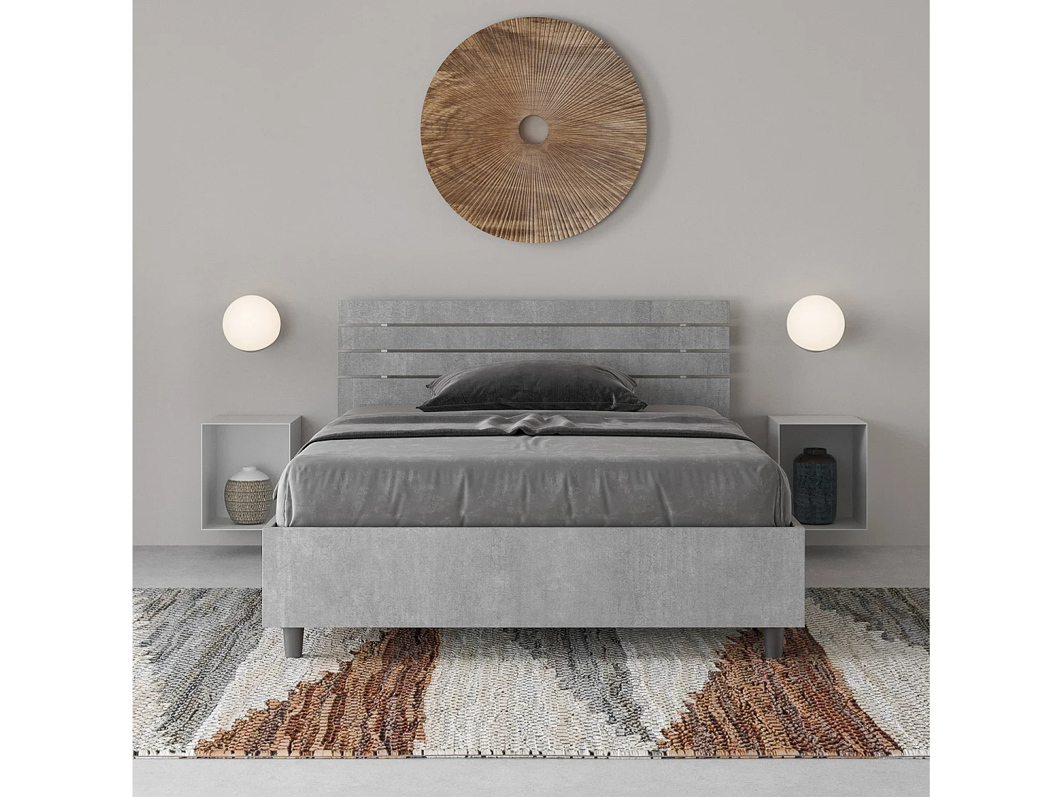 Lit 1 place et demi sans sommier 120x200 tête de lit inclinée avec des lames gris béton Ankel