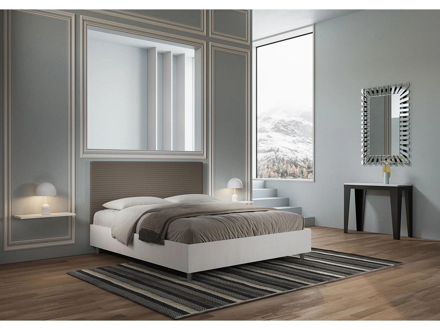 Bed met 160x200 basis, witte essenhouten structuur, hoofdbord in melamine/cappuccino imitatieleer Level