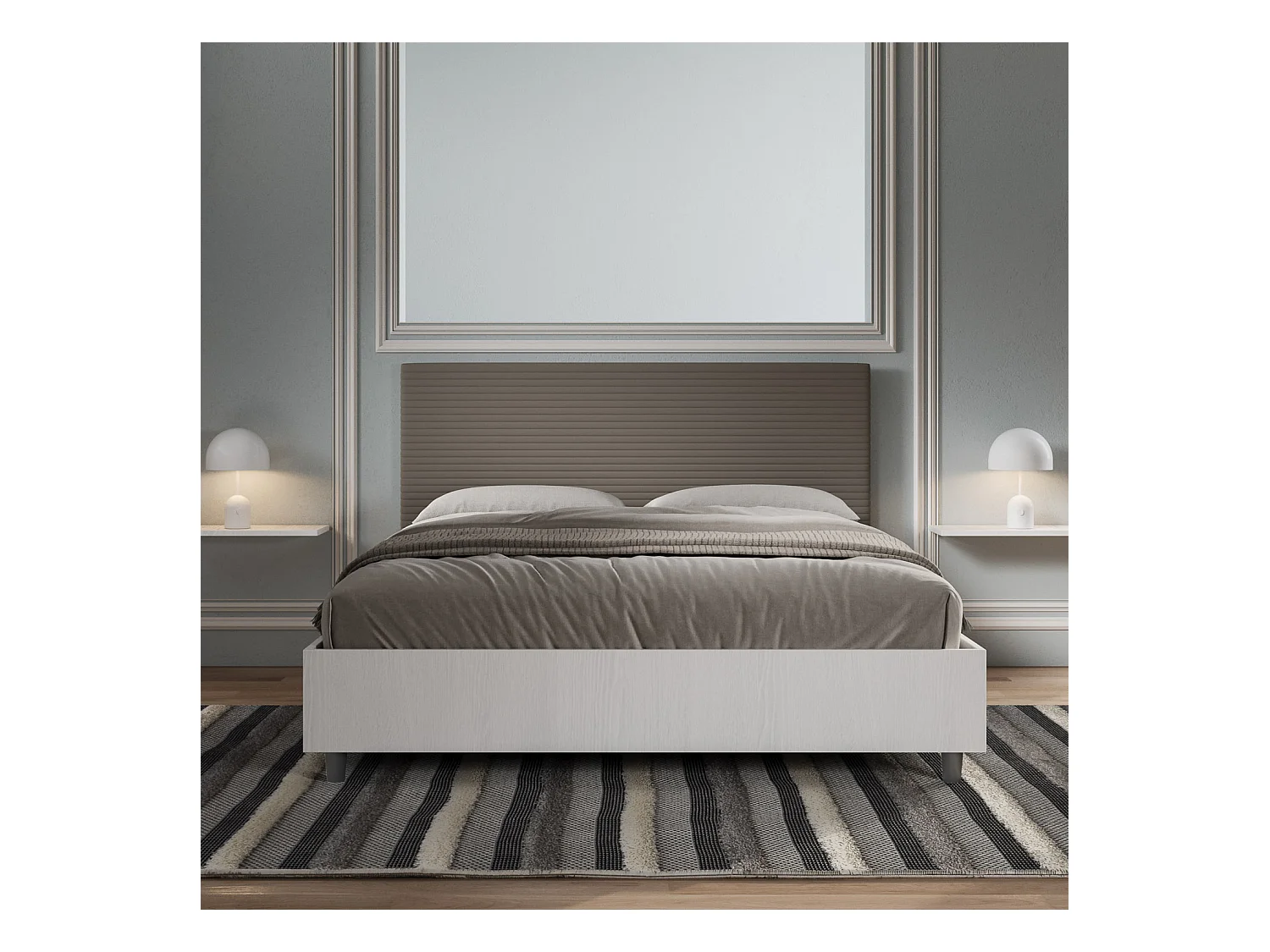 Lit avec sommier 160x200 structure frêne blanc tête de lit similicuir cappuccino Level