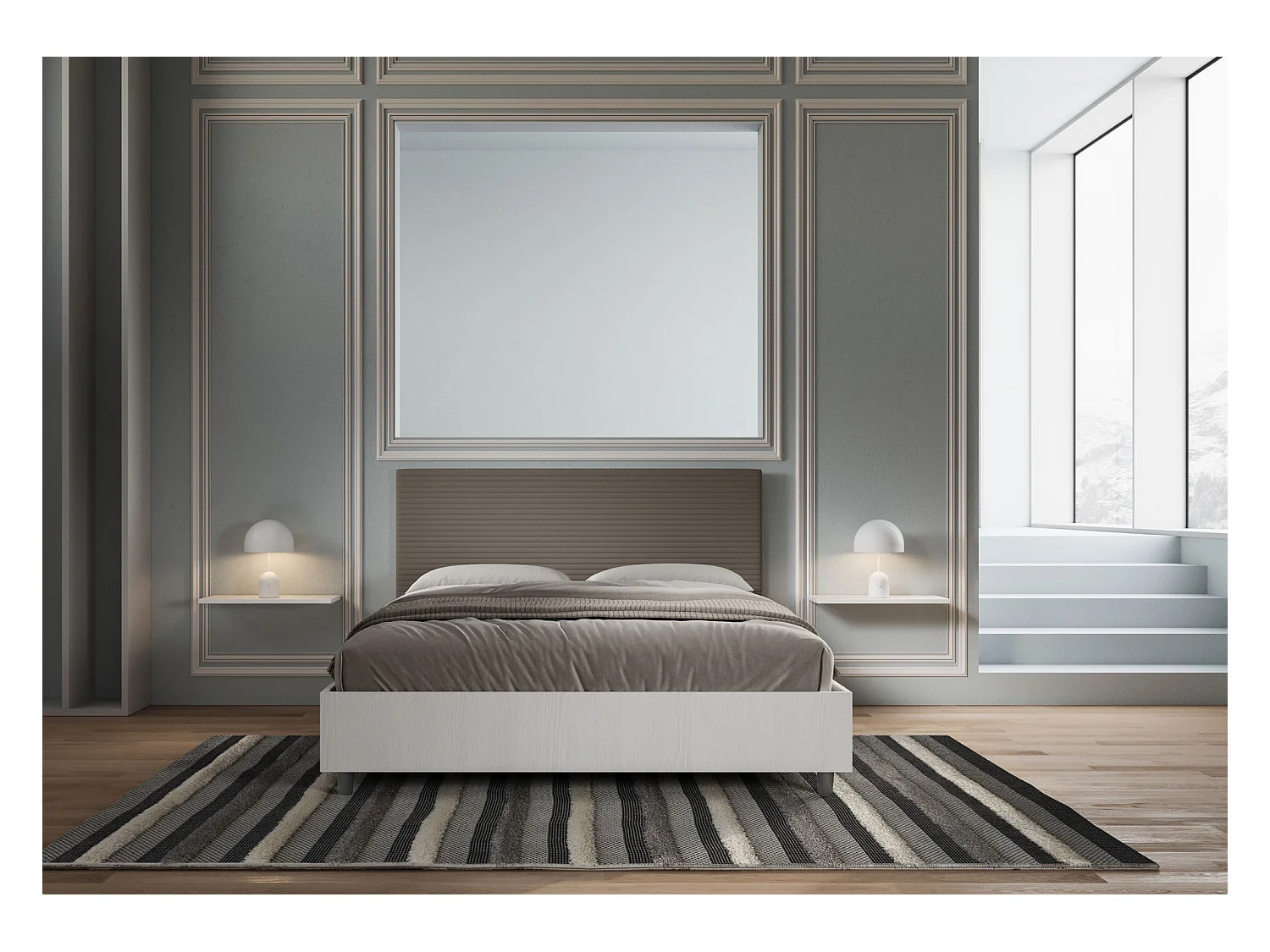 Lit avec sommier 160x200 structure frêne blanc tête de lit similicuir cappuccino Level