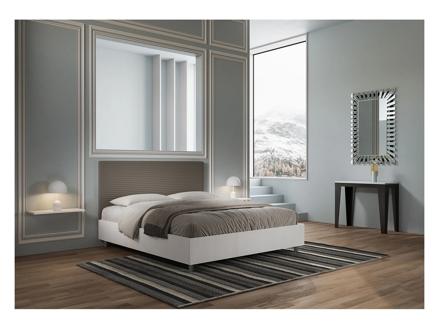 Lit avec sommier 160x200 structure frêne blanc tête de lit similicuir cappuccino Level