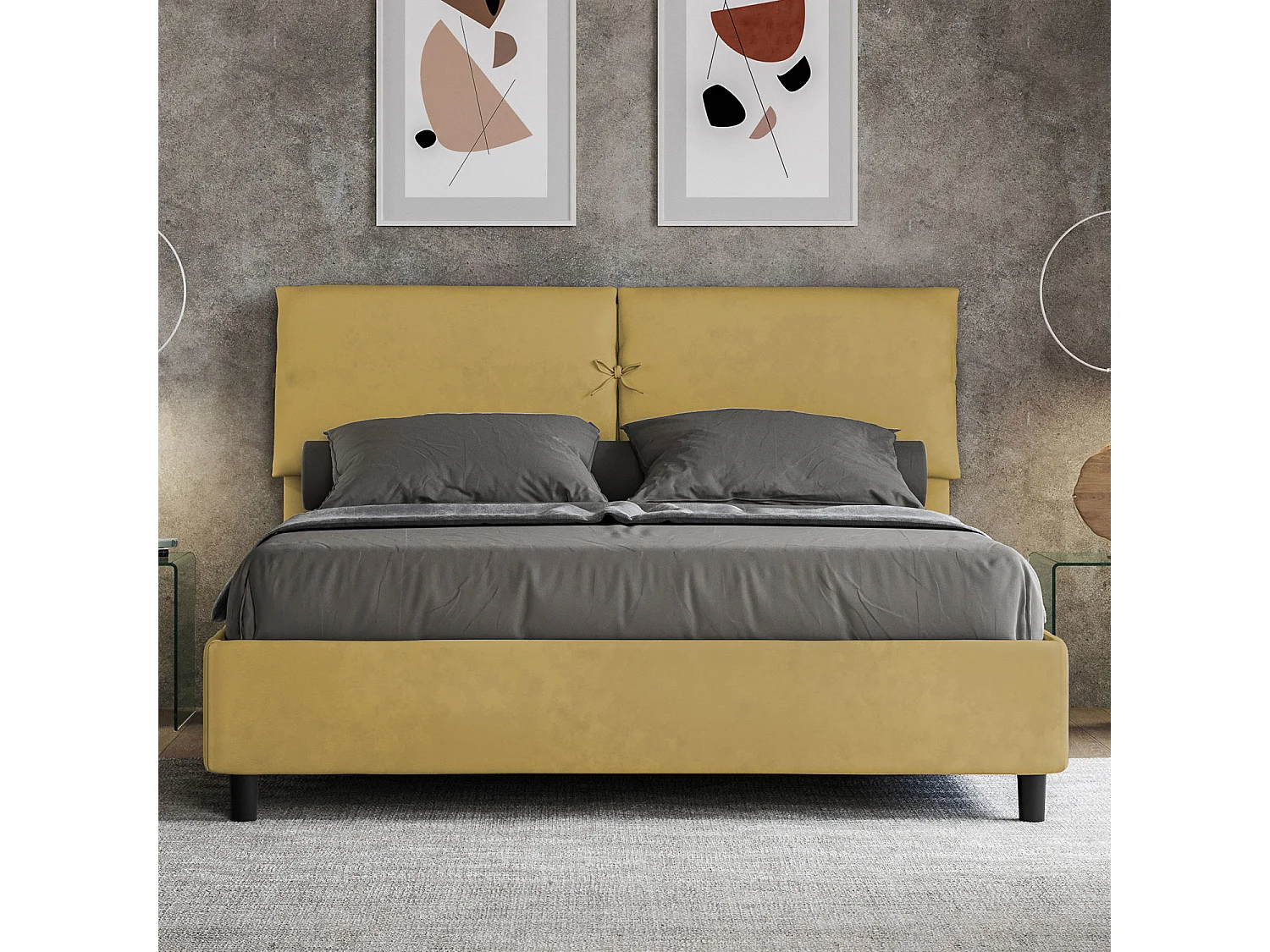 Lit avec sommier rembourré 160x190 microfibre ocre Mados